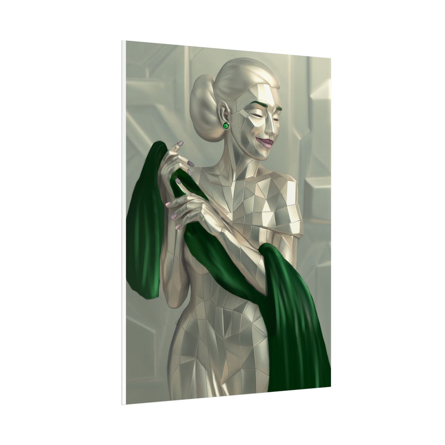 Art Deco Metallic Woman Rolled Poster — Elegant Geometric Portrait with Green Scarf