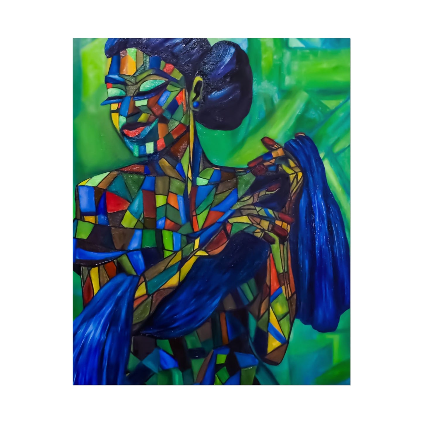 Rolled Poster — Colorful Mosaic Woman Art Print (Blue Hair, Vibrant Abstract)