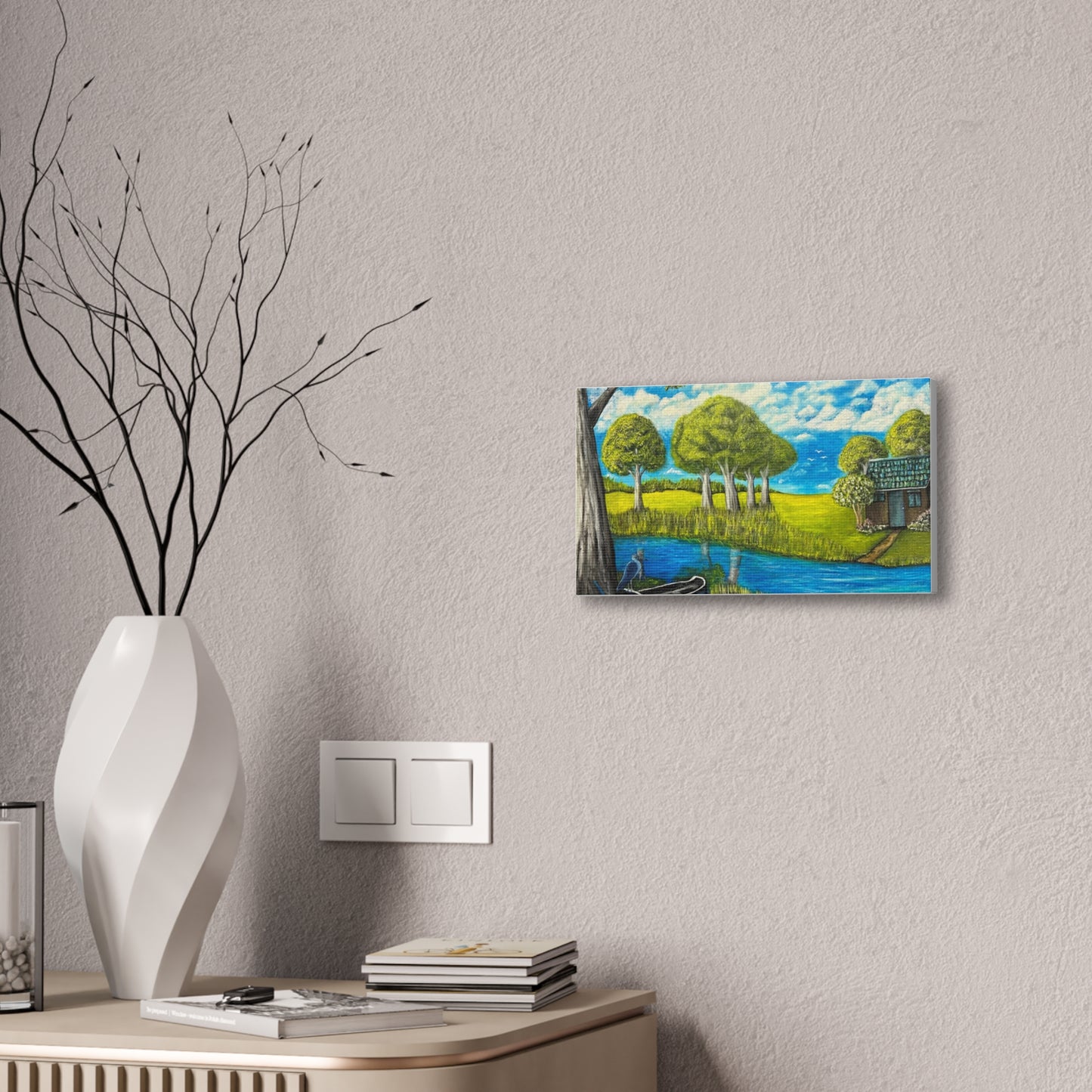 Cottage by the River – Tranquil Lakeside Landscape Print