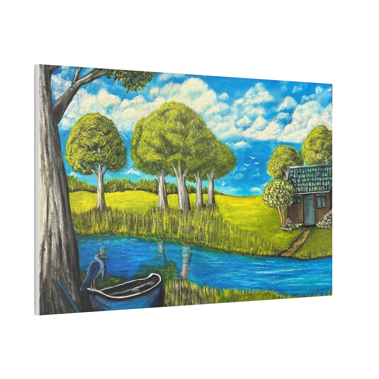 Cottage by the River – Tranquil Lakeside Landscape Print