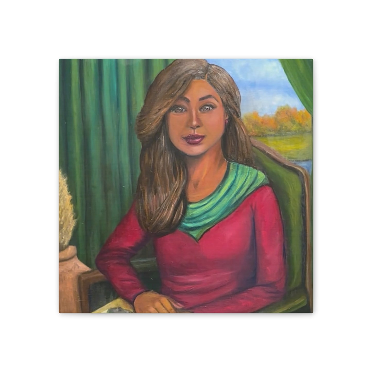 Portrait Canvas Print — Woman Reading in Cozy Green Interior