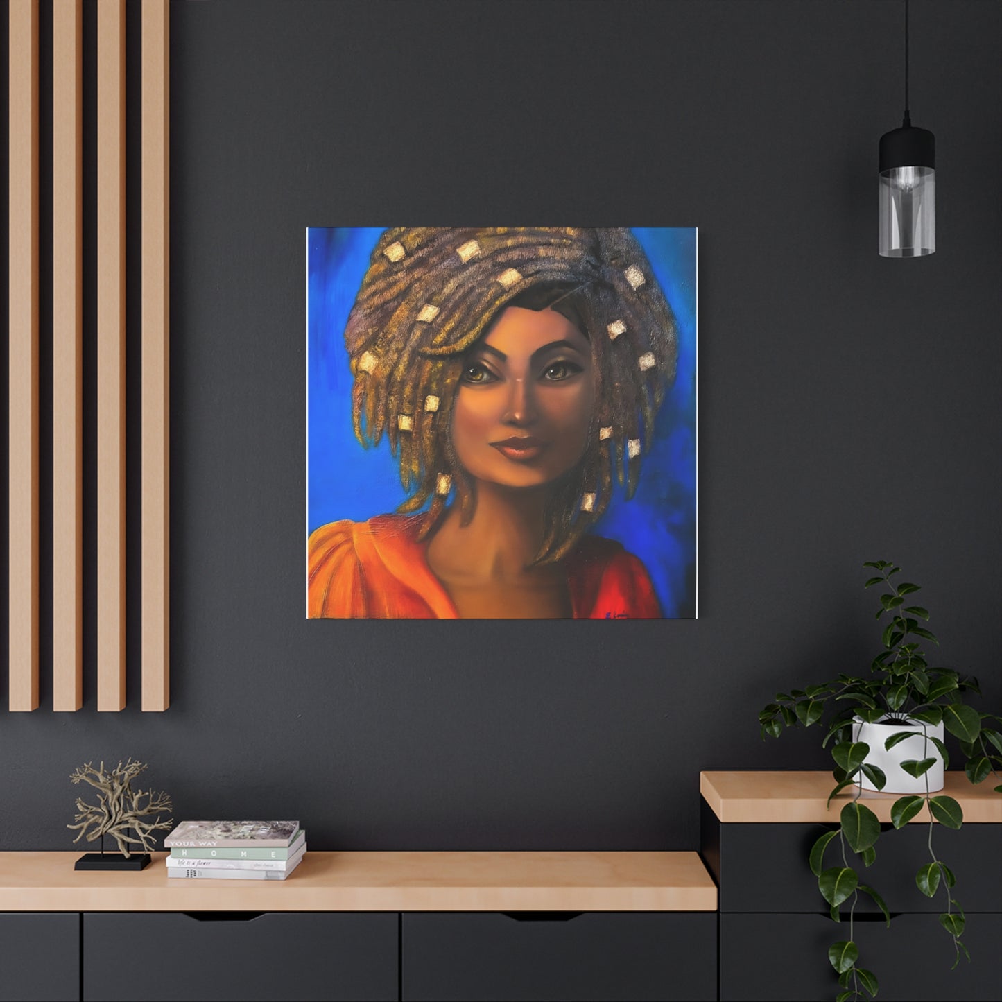 African Woman Portrait Canvas - Vibrant Blue Matte Stretched Wall Art