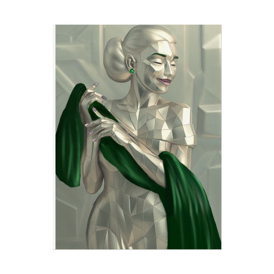 Art Deco Metallic Woman Rolled Poster — Elegant Geometric Portrait with Green Scarf