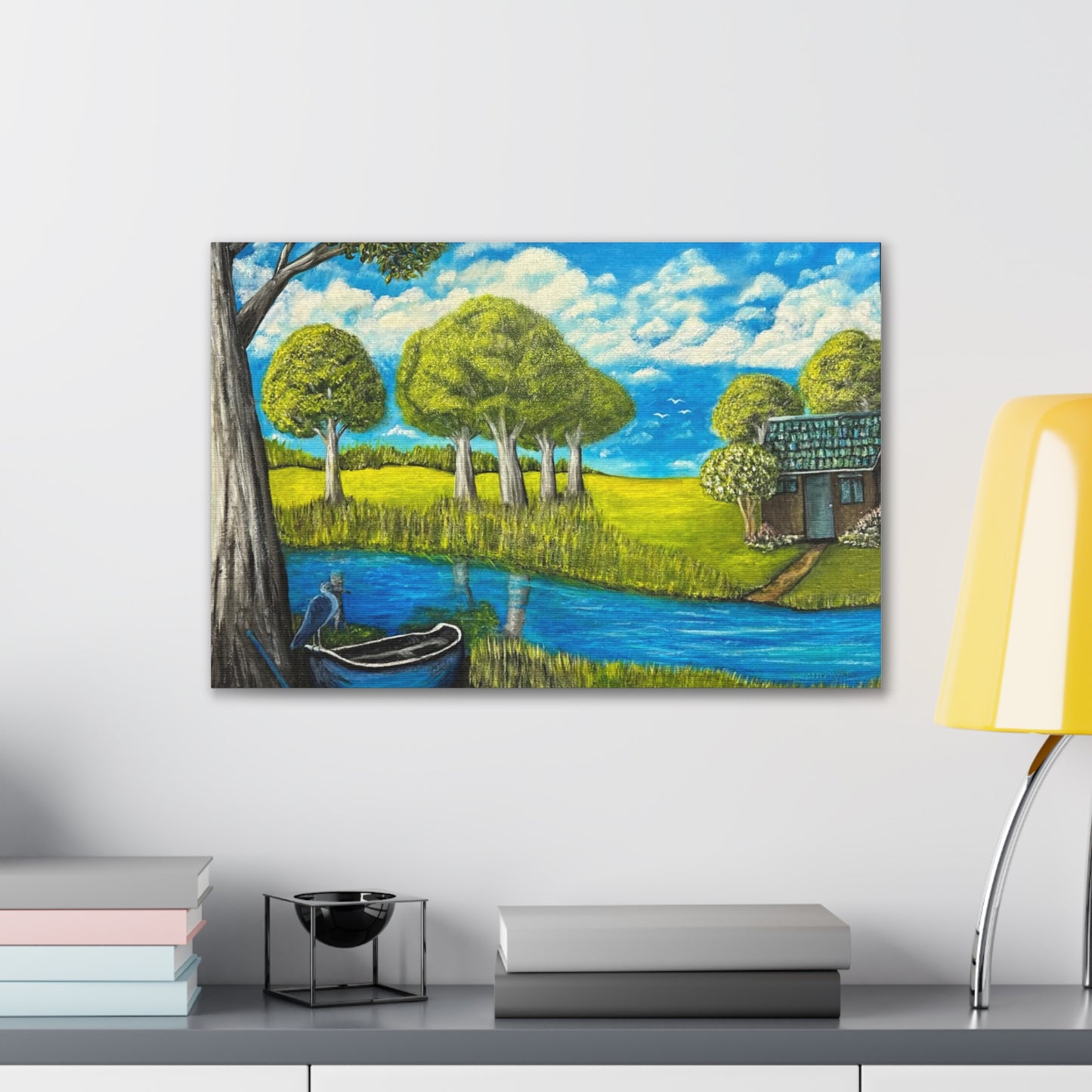 Cottage by the River – Tranquil Lakeside Landscape Print