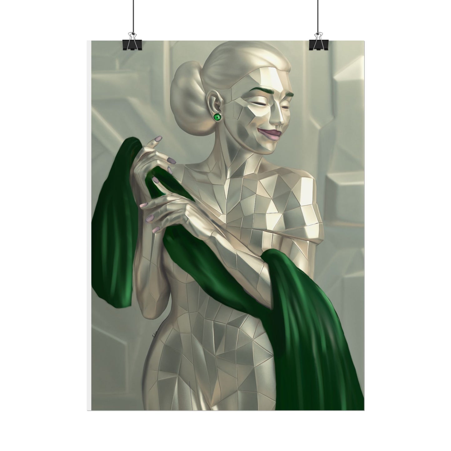 Art Deco Metallic Woman Rolled Poster — Elegant Geometric Portrait with Green Scarf