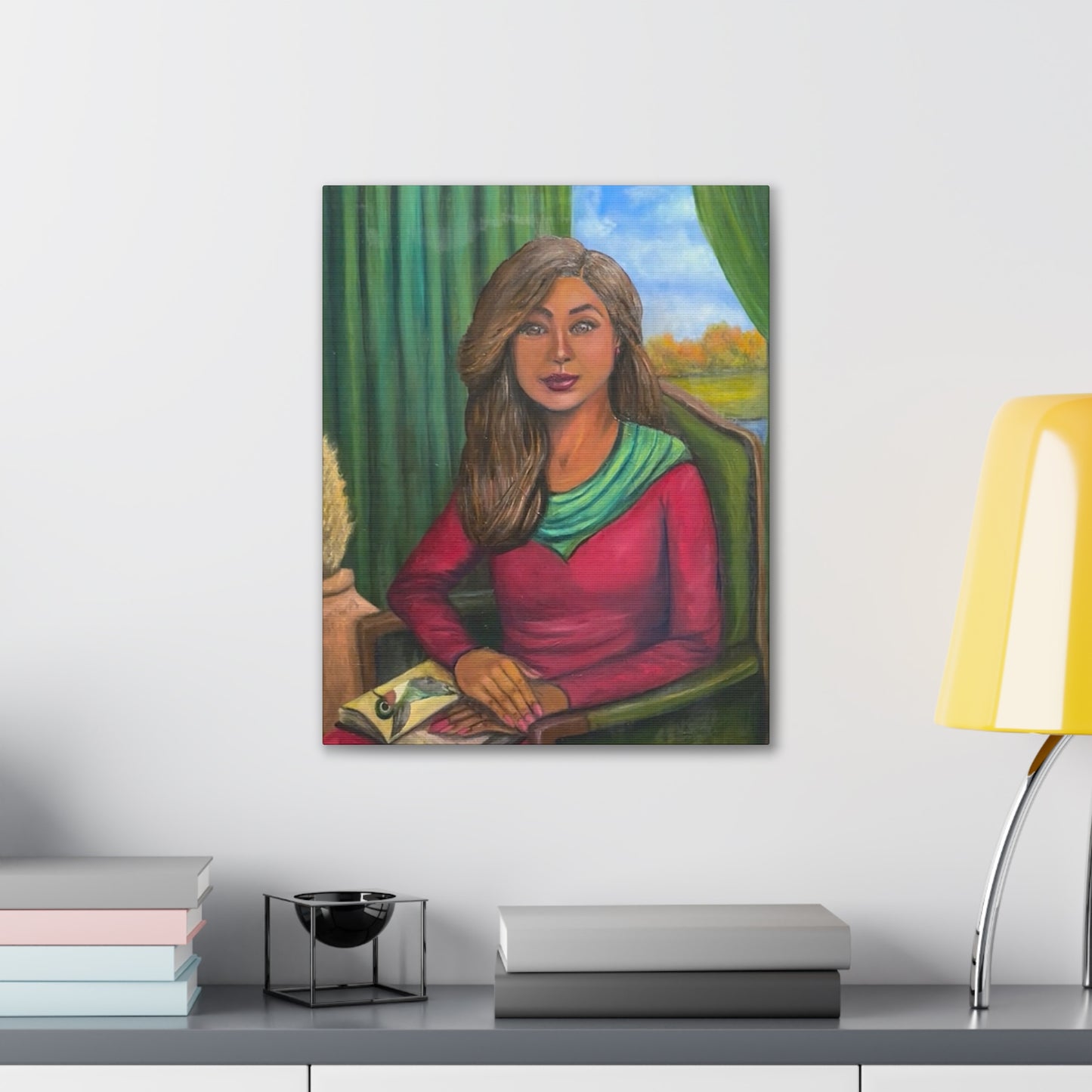 Portrait Canvas Print — Woman Reading in Cozy Green Interior