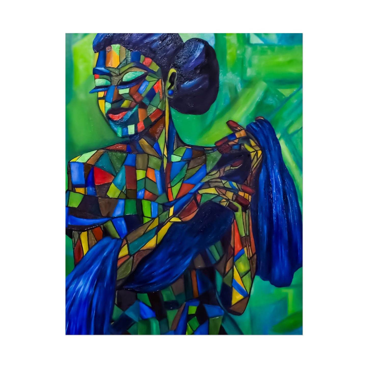 Rolled Poster — Colorful Mosaic Woman Art Print (Blue Hair, Vibrant Abstract)