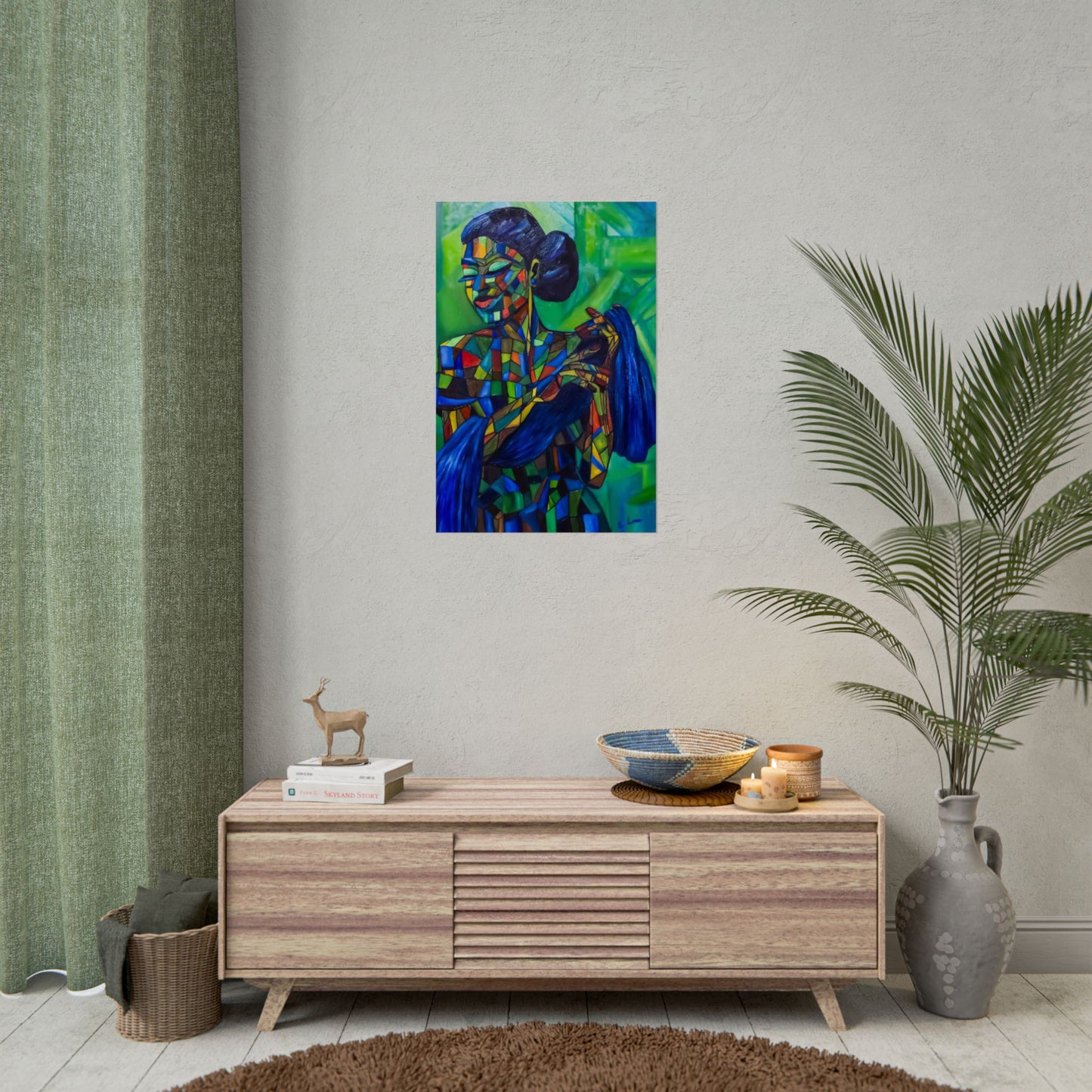 Rolled Poster — Colorful Mosaic Woman Art Print (Blue Hair, Vibrant Abstract)