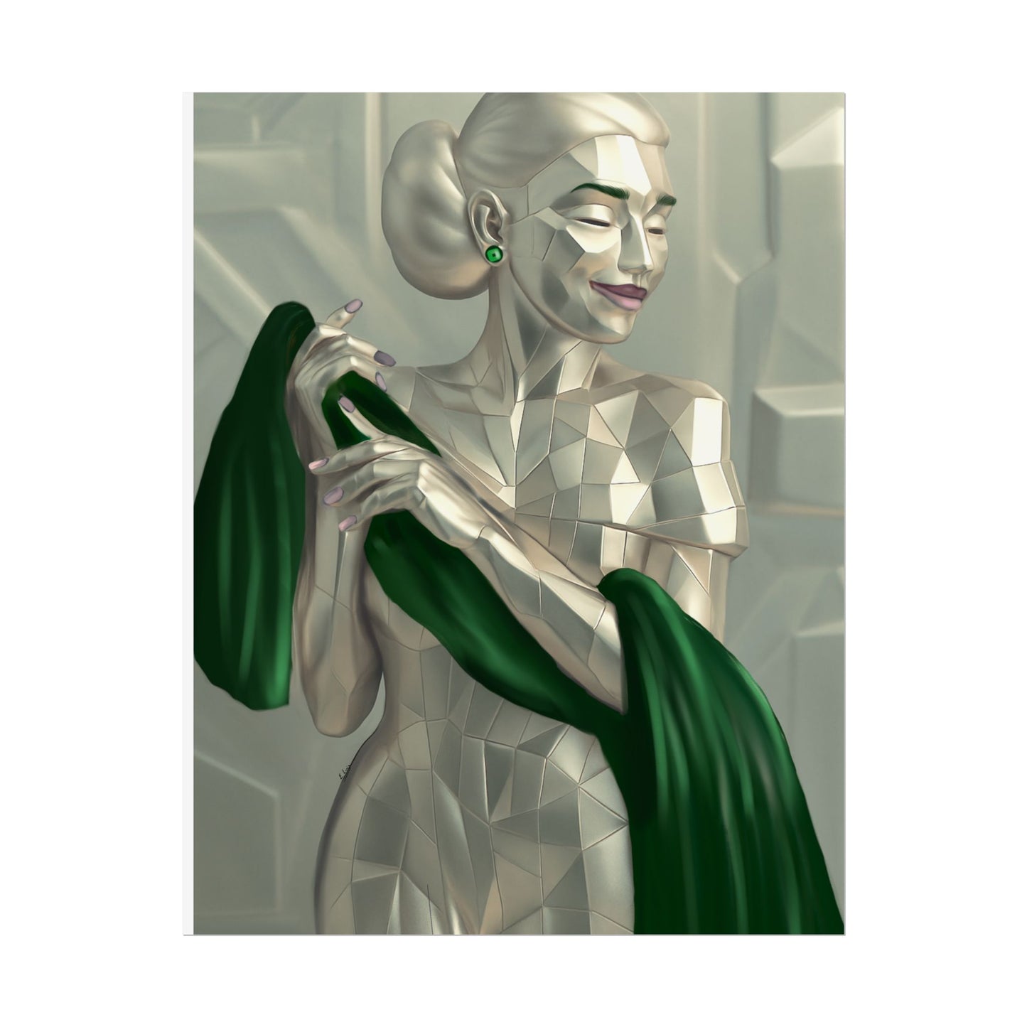 Art Deco Metallic Woman Rolled Poster — Elegant Geometric Portrait with Green Scarf