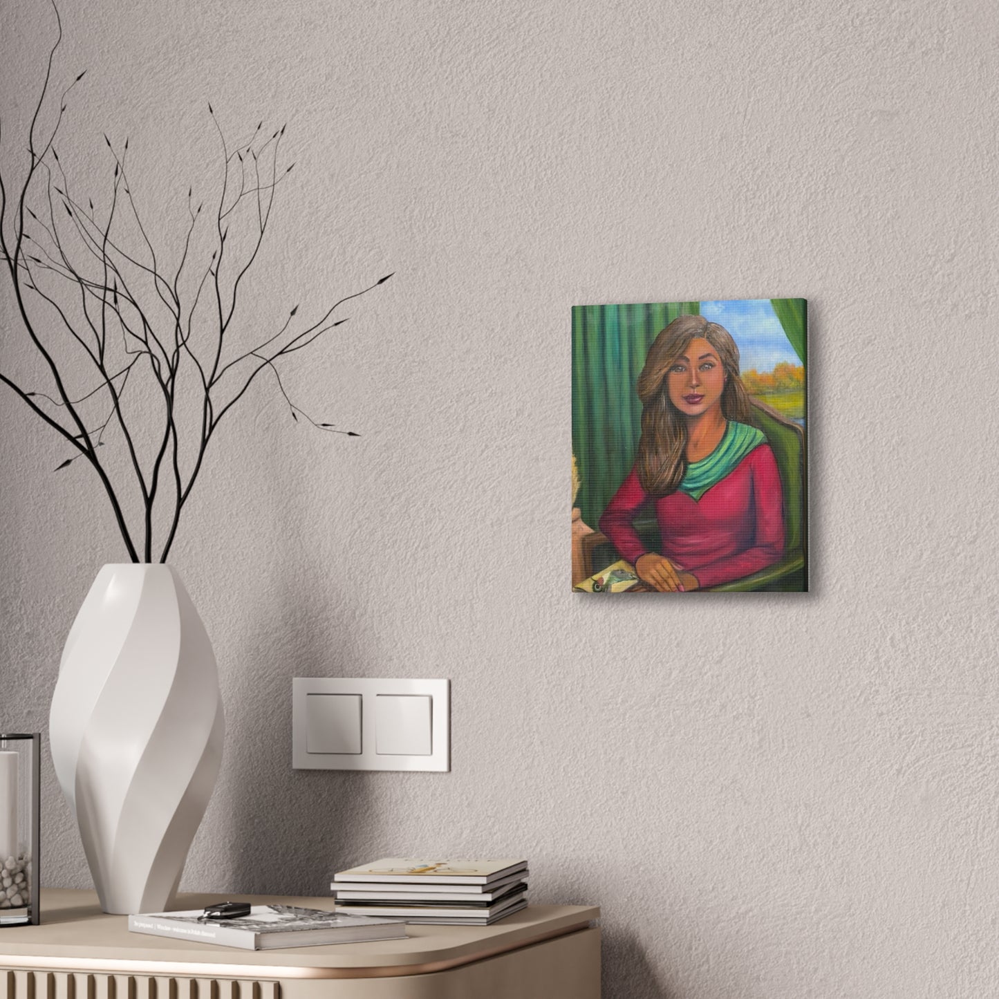 Portrait Canvas Print — Woman Reading in Cozy Green Interior