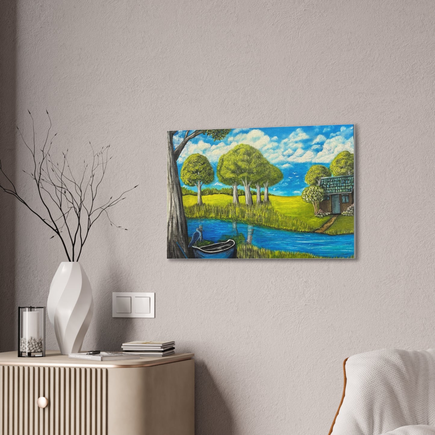 Cottage by the River – Tranquil Lakeside Landscape Print