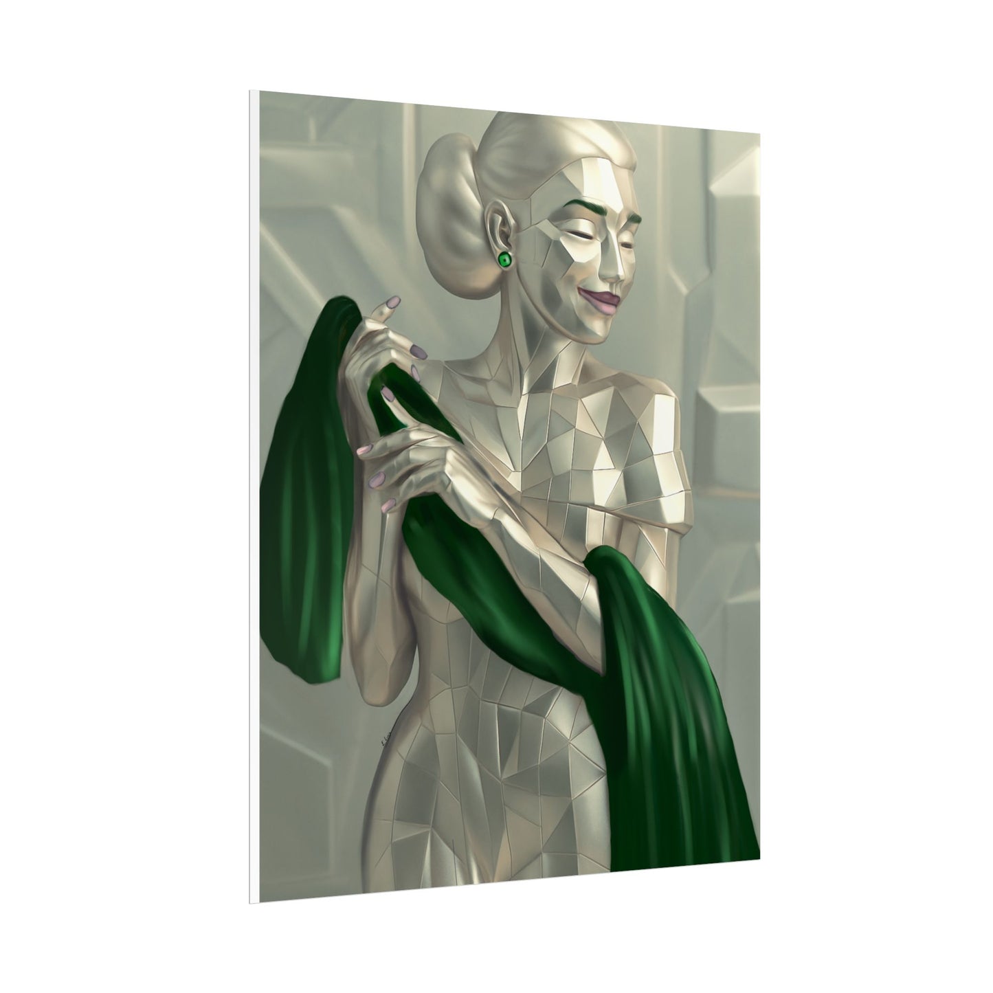 Art Deco Metallic Woman Rolled Poster — Elegant Geometric Portrait with Green Scarf