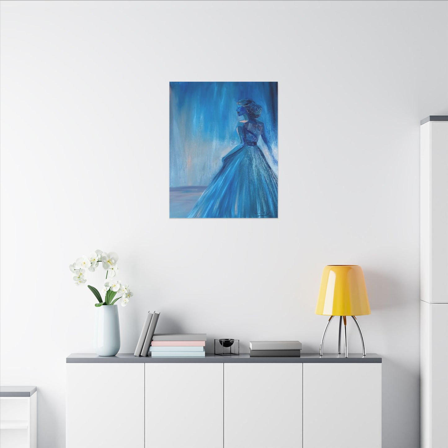 Lady Blue Behind the Waterfall on Canvas - Elegant Woman Silhouette Wall Art