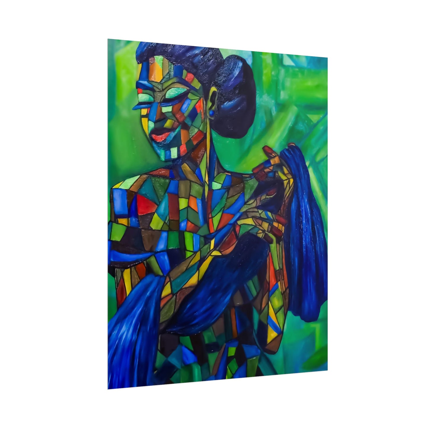 Rolled Poster — Colorful Mosaic Woman Art Print (Blue Hair, Vibrant Abstract)