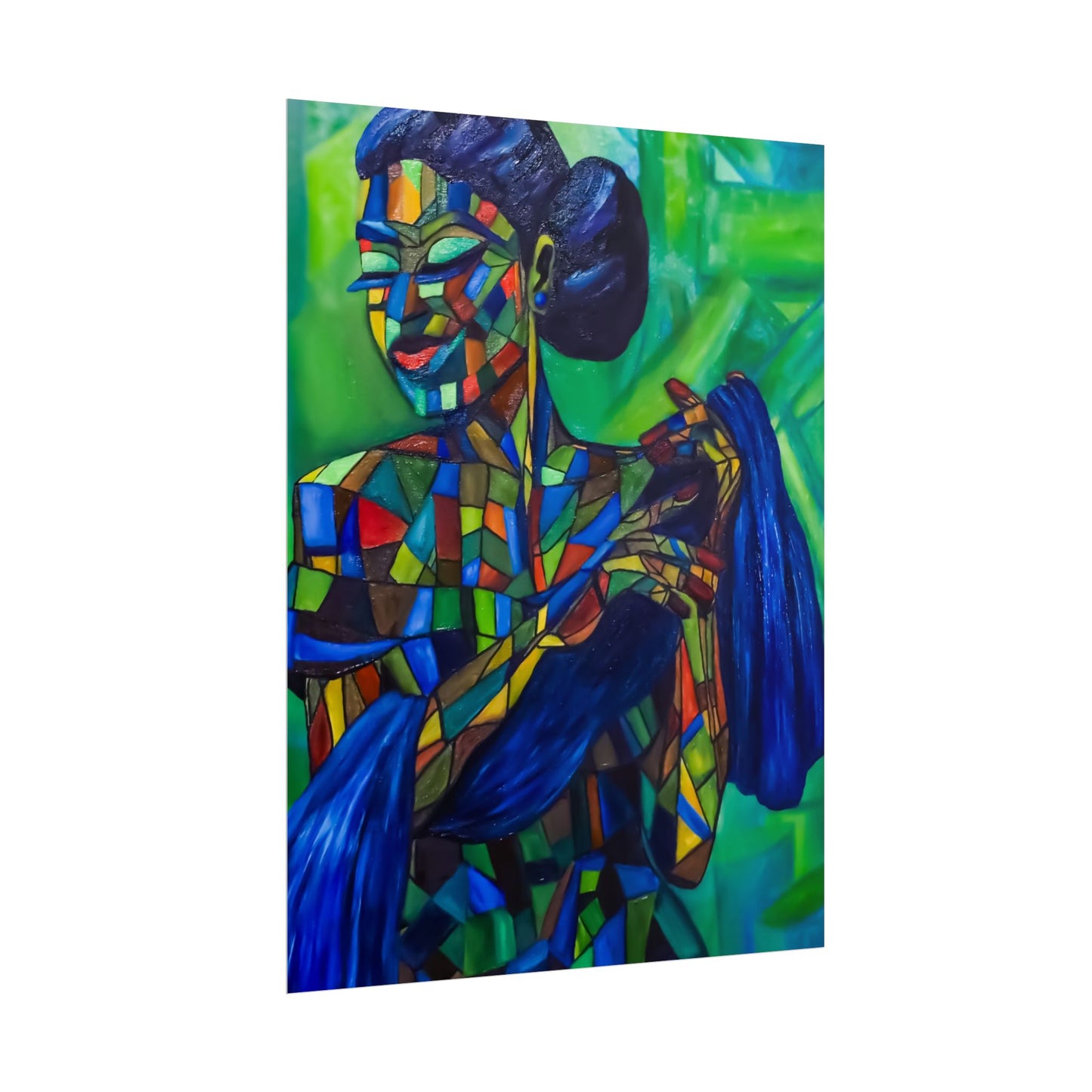 Rolled Poster — Colorful Mosaic Woman Art Print (Blue Hair, Vibrant Abstract)