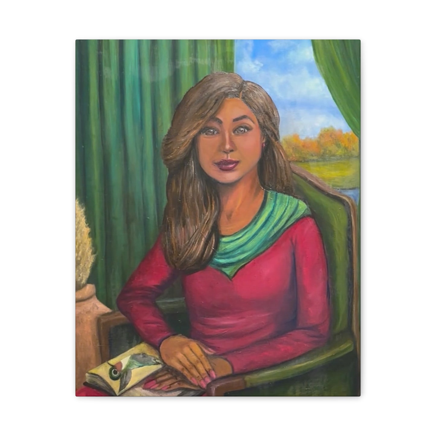 Portrait Canvas Print — Woman Reading in Cozy Green Interior