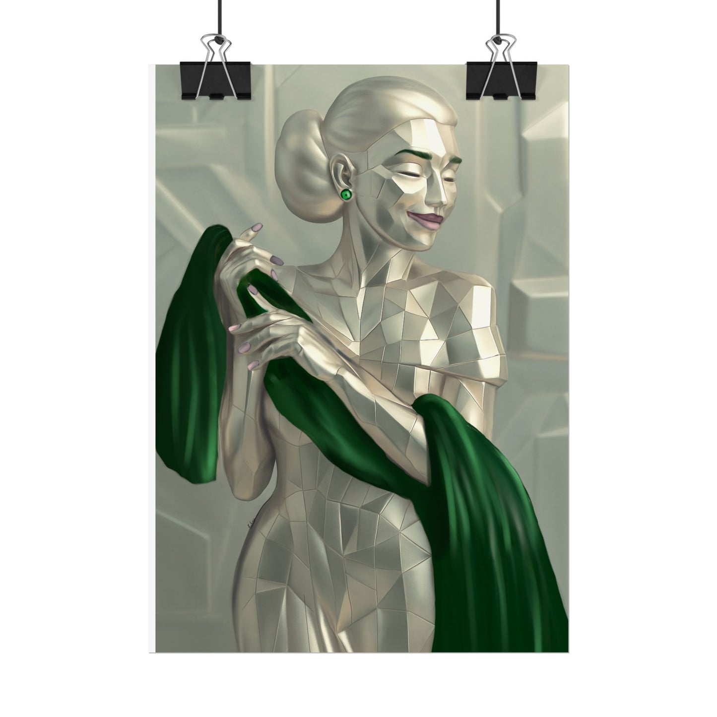 Art Deco Metallic Woman Rolled Poster — Elegant Geometric Portrait with Green Scarf