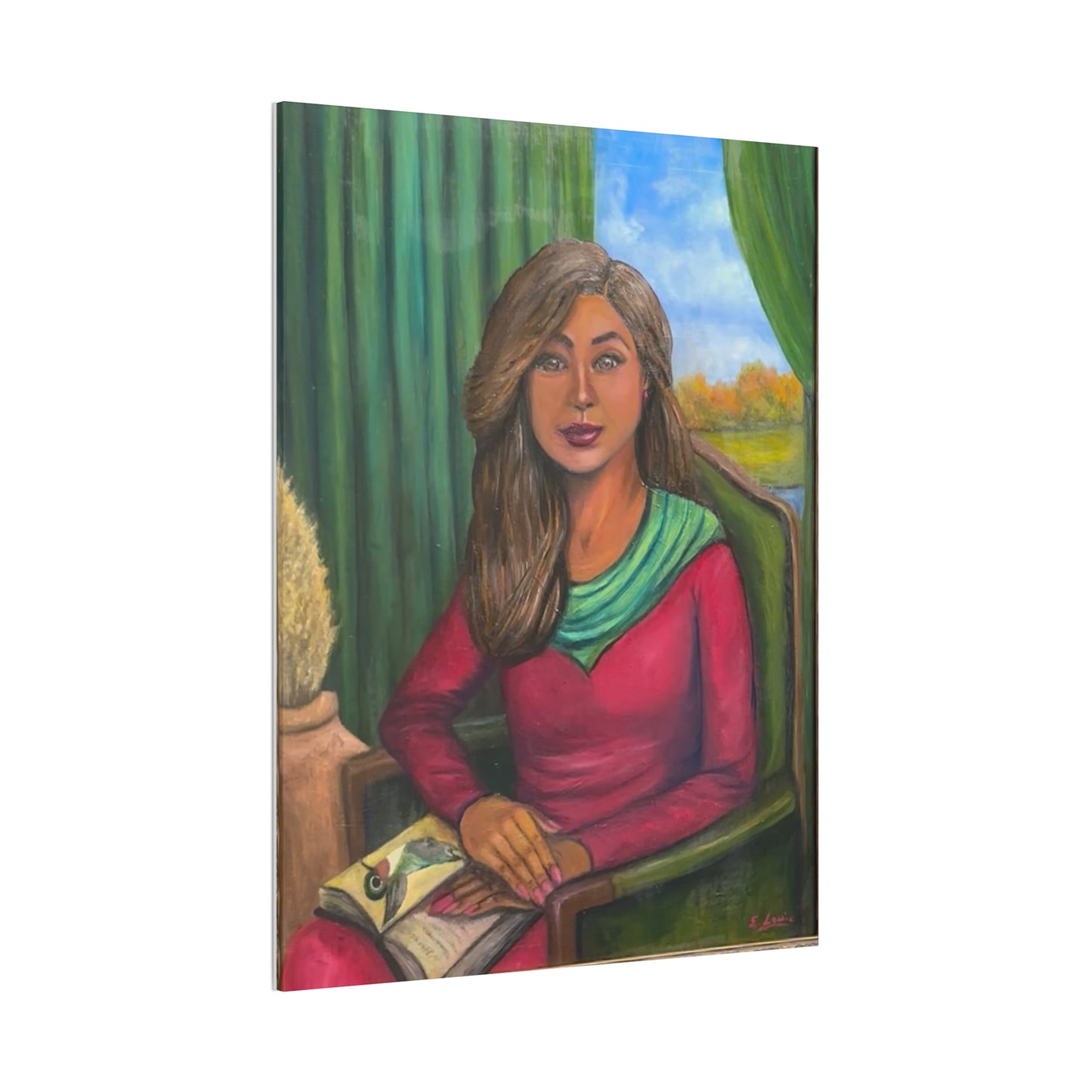 Portrait Canvas Print — Woman Reading in Cozy Green Interior