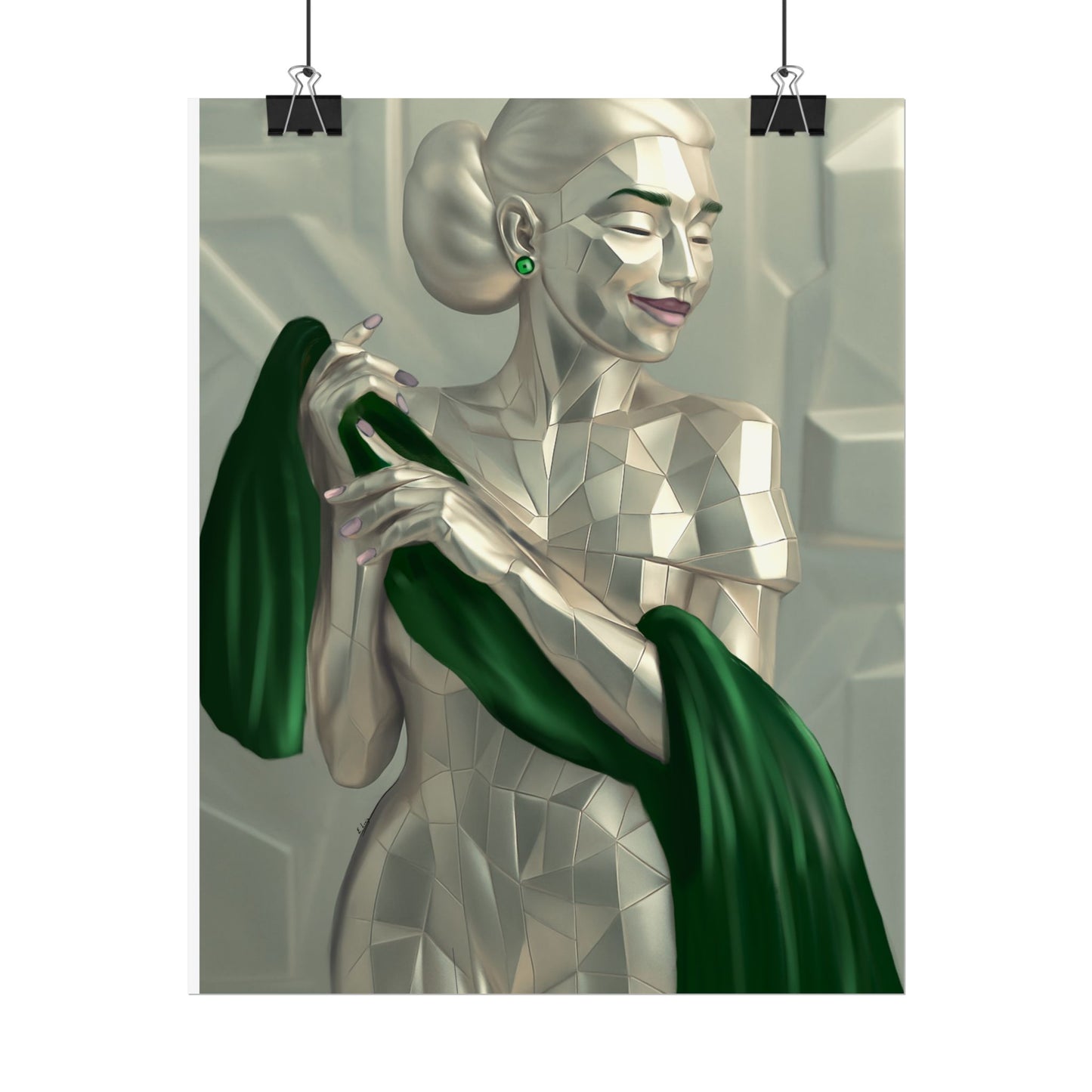 Art Deco Metallic Woman Rolled Poster — Elegant Geometric Portrait with Green Scarf