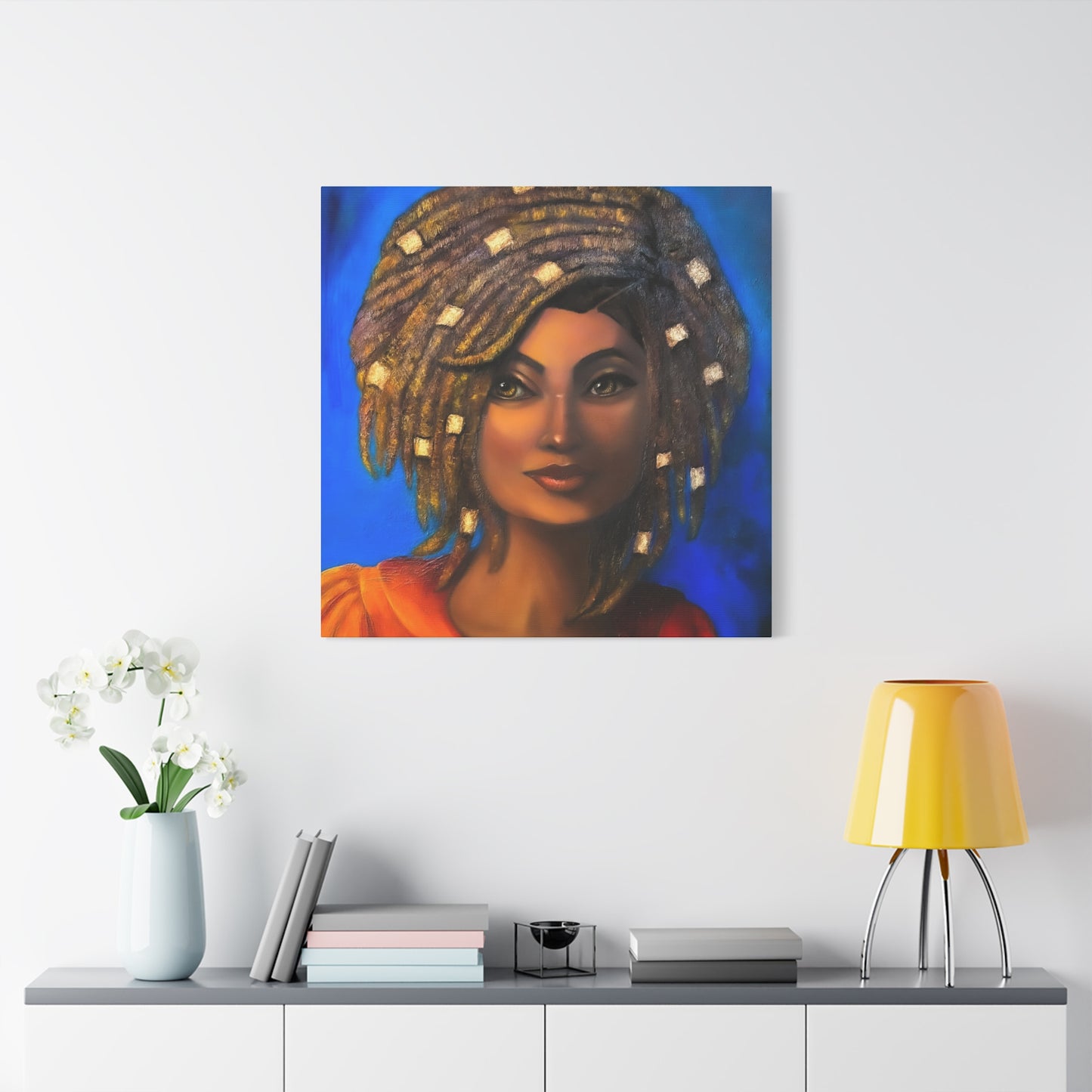 African Woman Portrait Canvas - Vibrant Blue Matte Stretched Wall Art