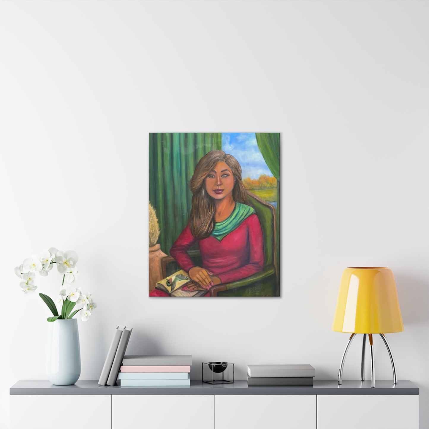 Portrait Canvas Print — Woman Reading in Cozy Green Interior