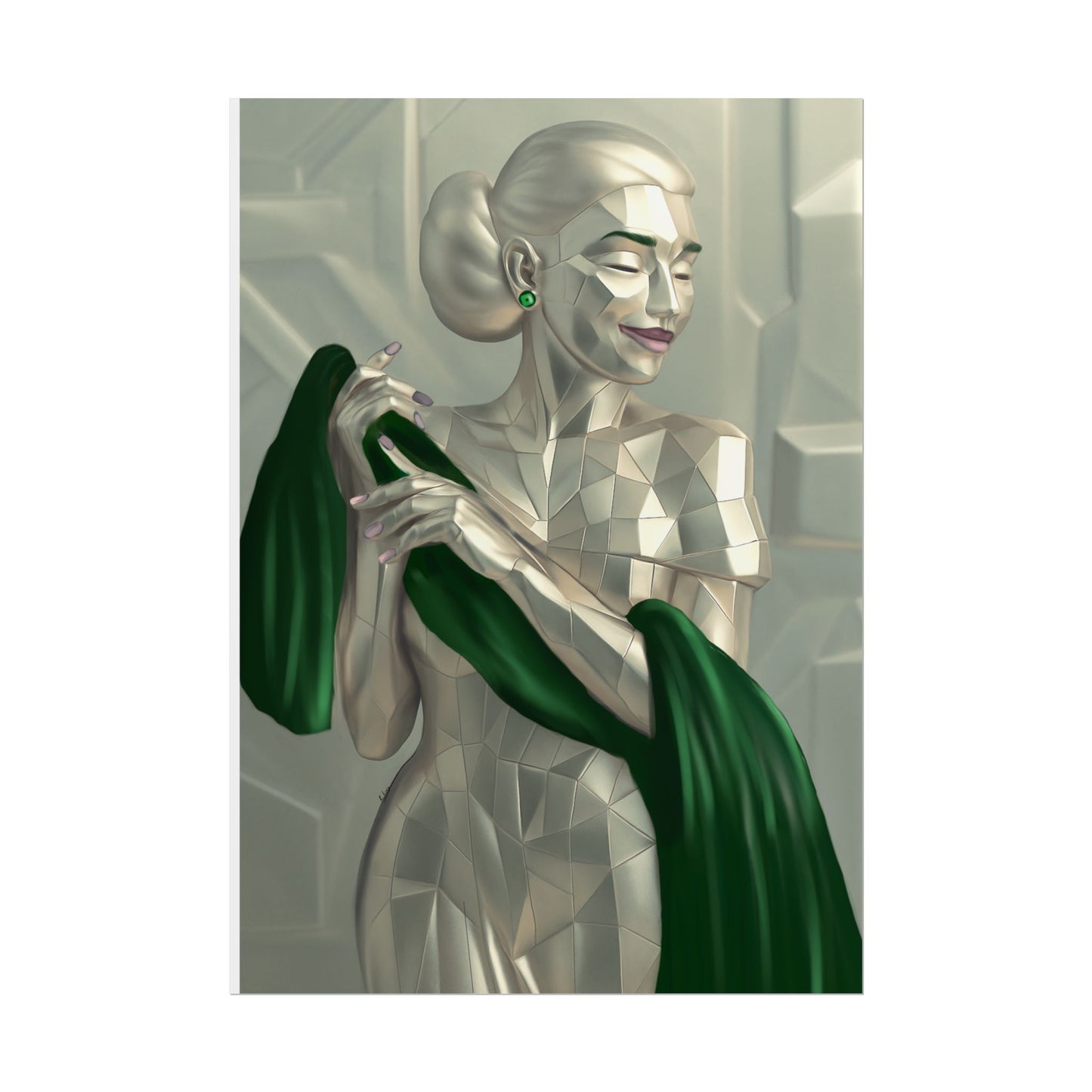 Art Deco Metallic Woman Rolled Poster — Elegant Geometric Portrait with Green Scarf