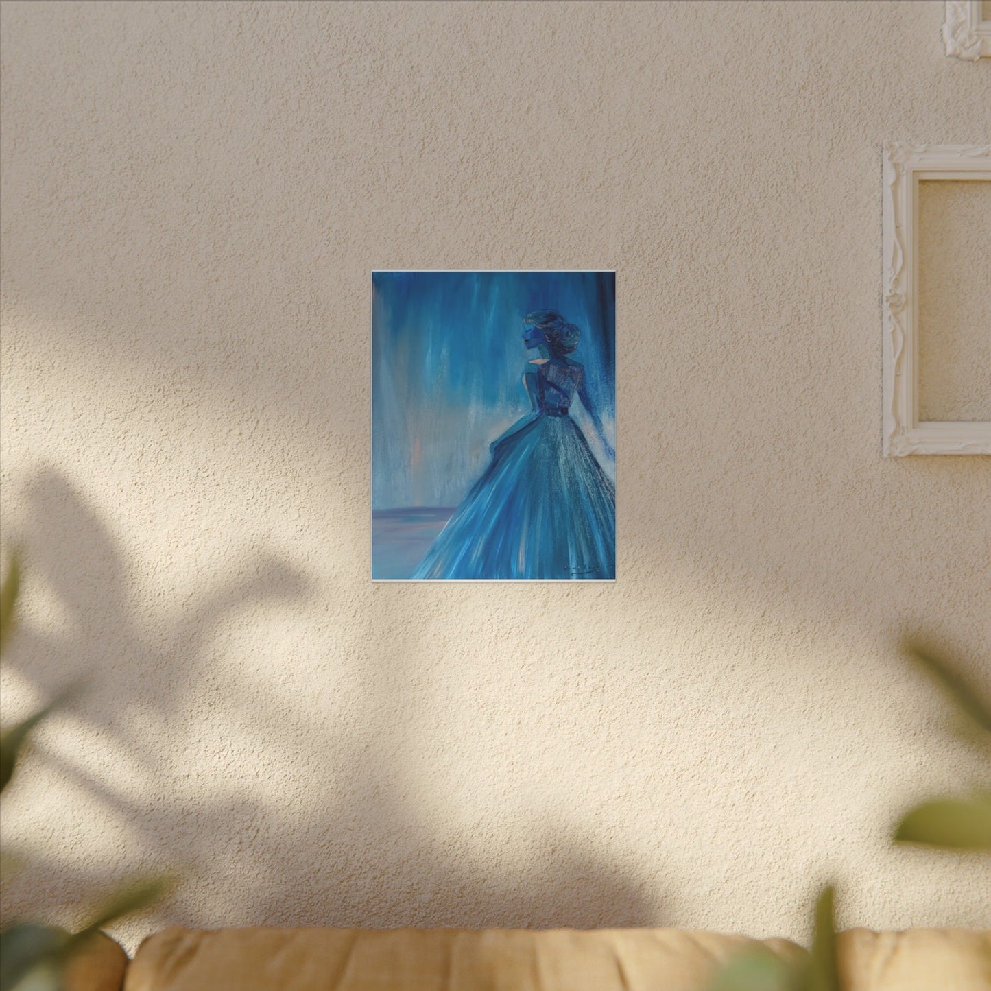 Lady Blue Behind the Waterfall on Canvas - Elegant Woman Silhouette Wall Art