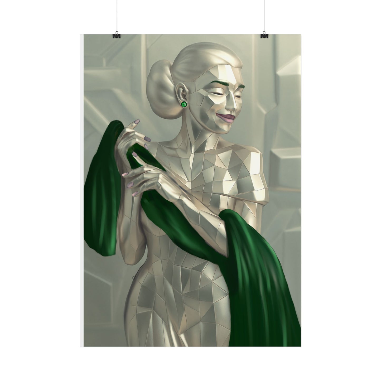 Art Deco Metallic Woman Rolled Poster — Elegant Geometric Portrait with Green Scarf