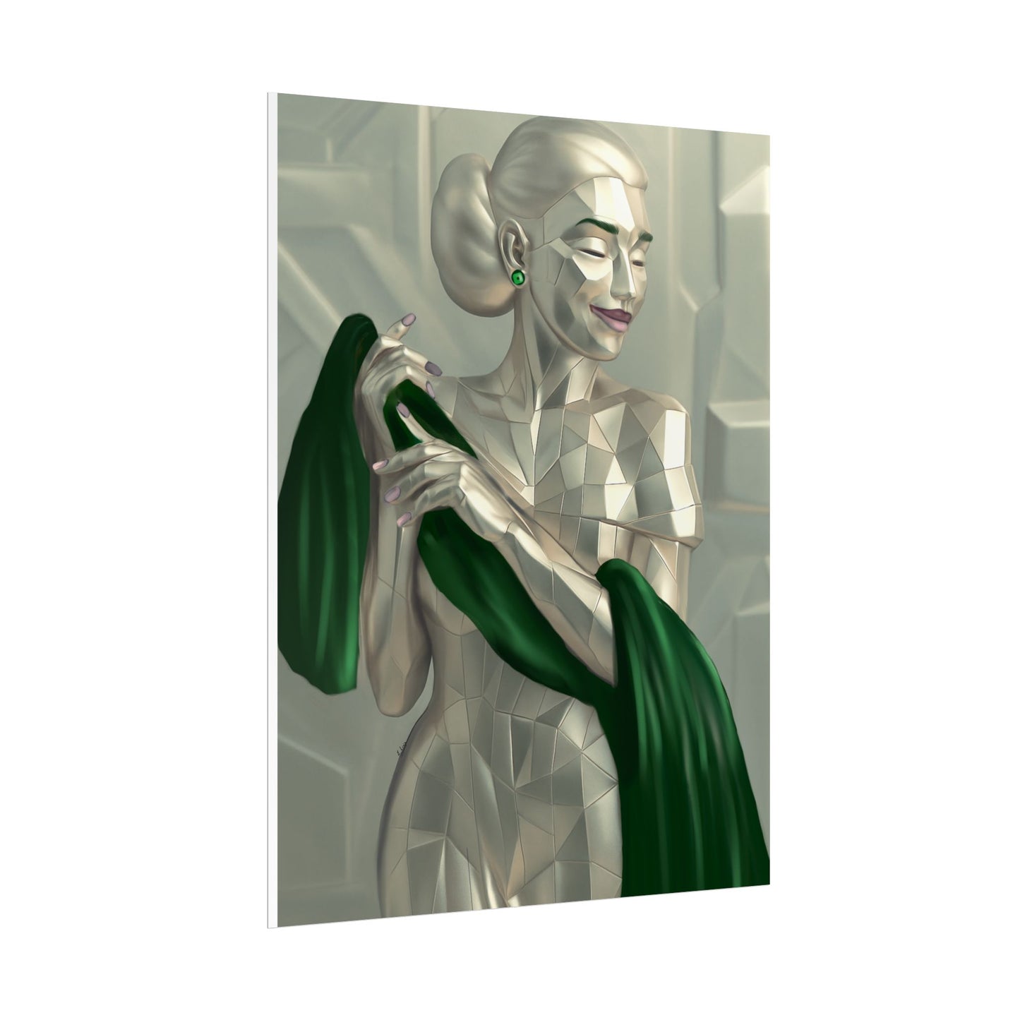 Art Deco Metallic Woman Rolled Poster — Elegant Geometric Portrait with Green Scarf