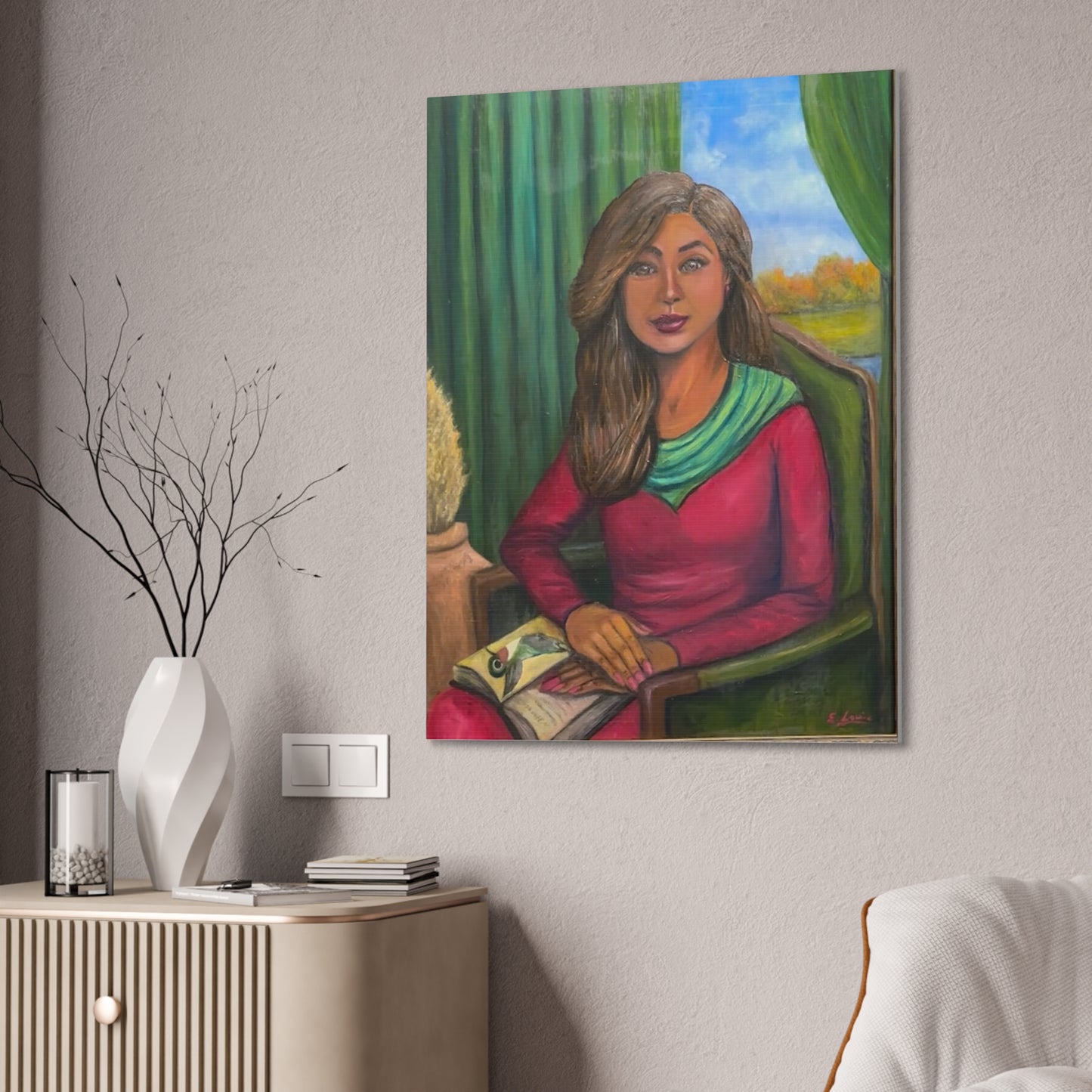 Portrait Canvas Print — Woman Reading in Cozy Green Interior