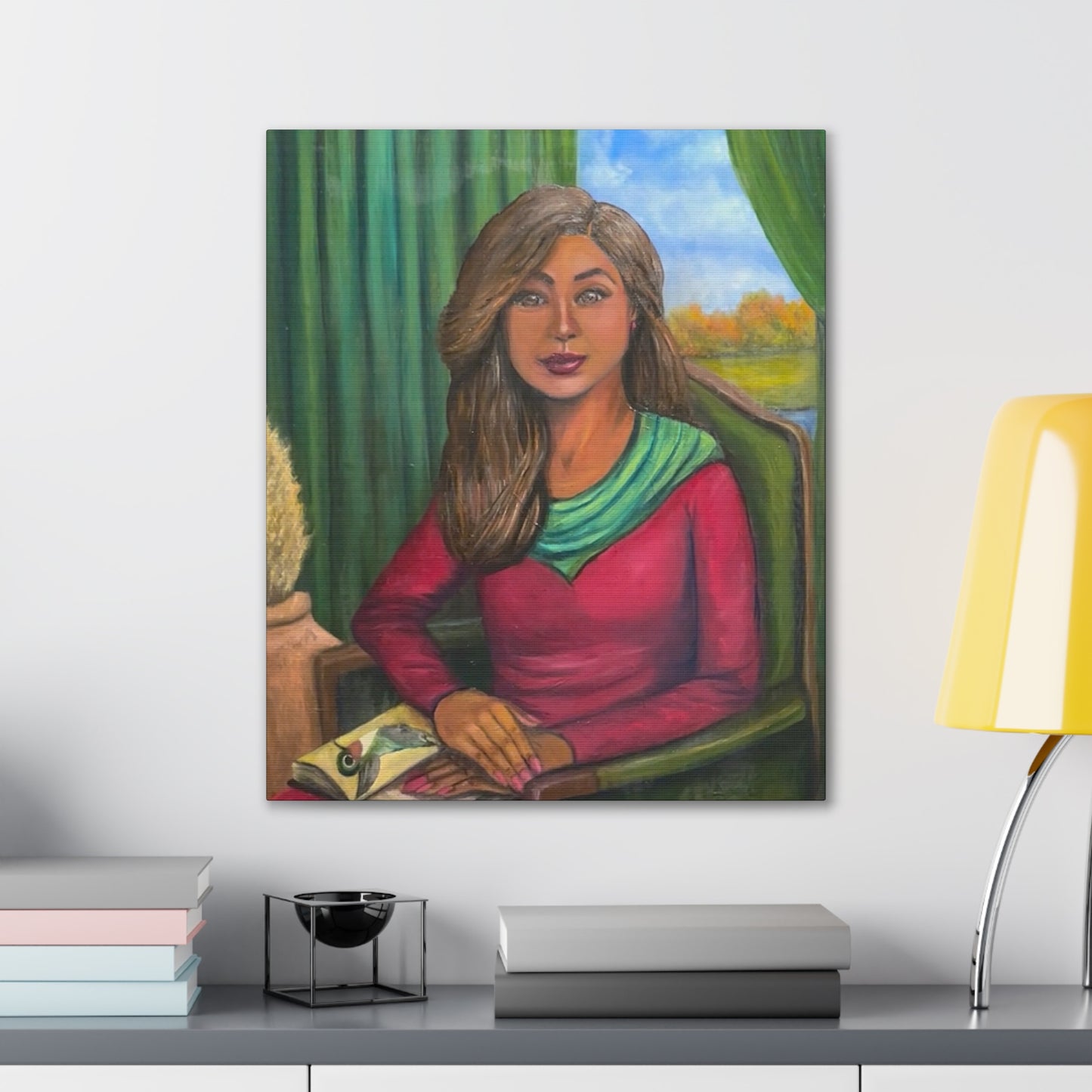 Portrait Canvas Print — Woman Reading in Cozy Green Interior