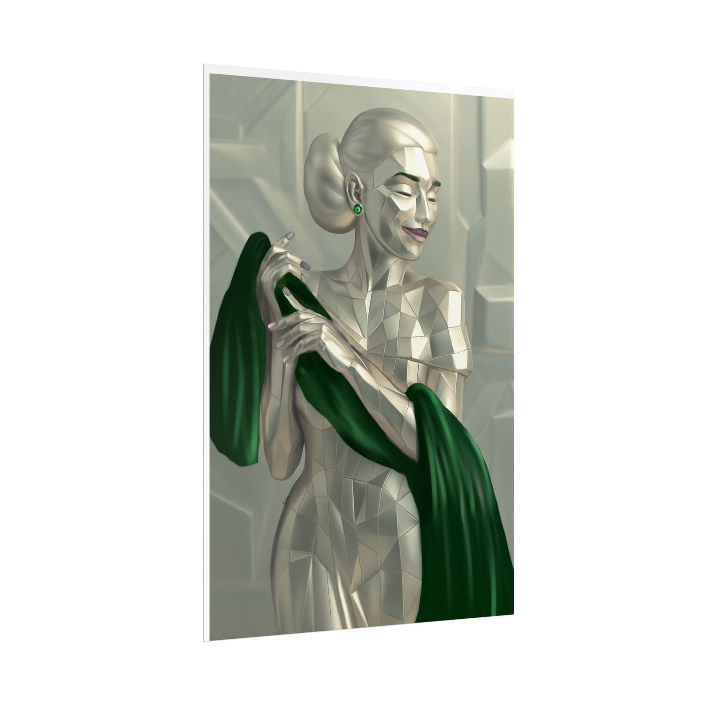 Art Deco Metallic Woman Rolled Poster — Elegant Geometric Portrait with Green Scarf