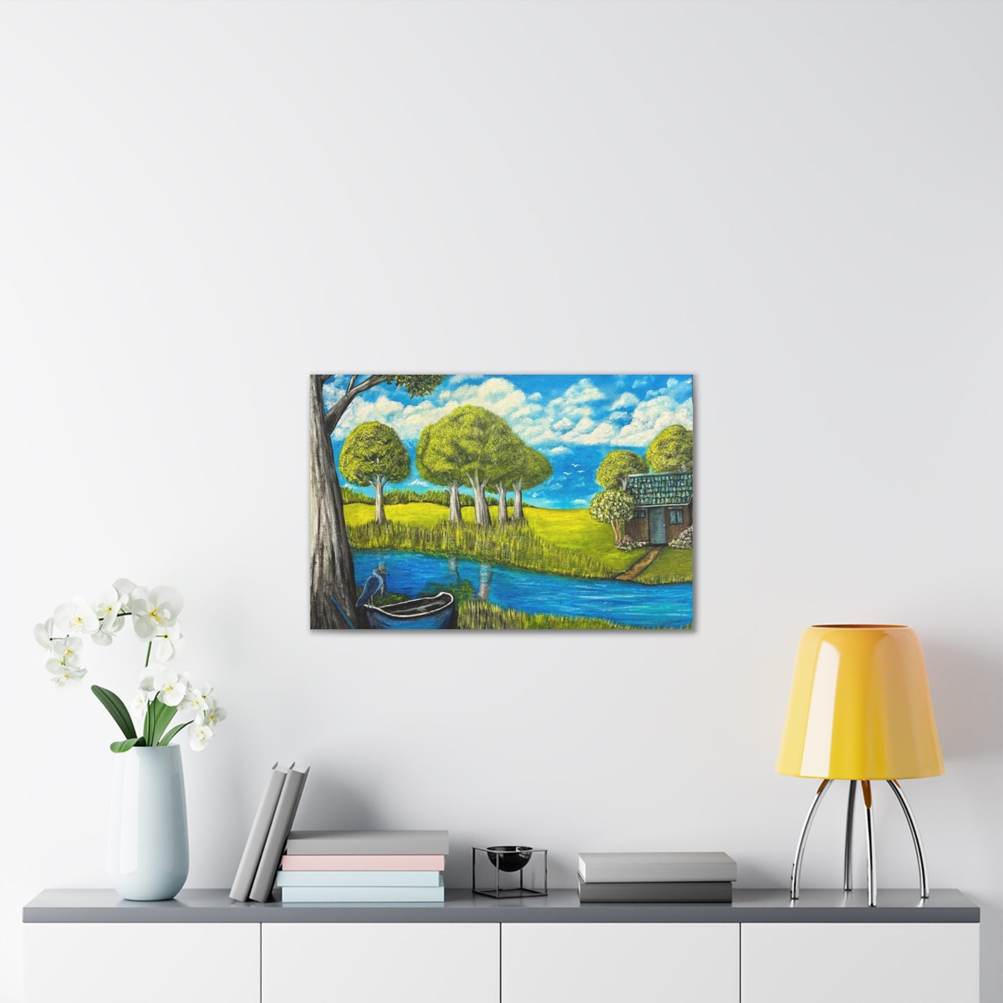 Cottage by the River – Tranquil Lakeside Landscape Print