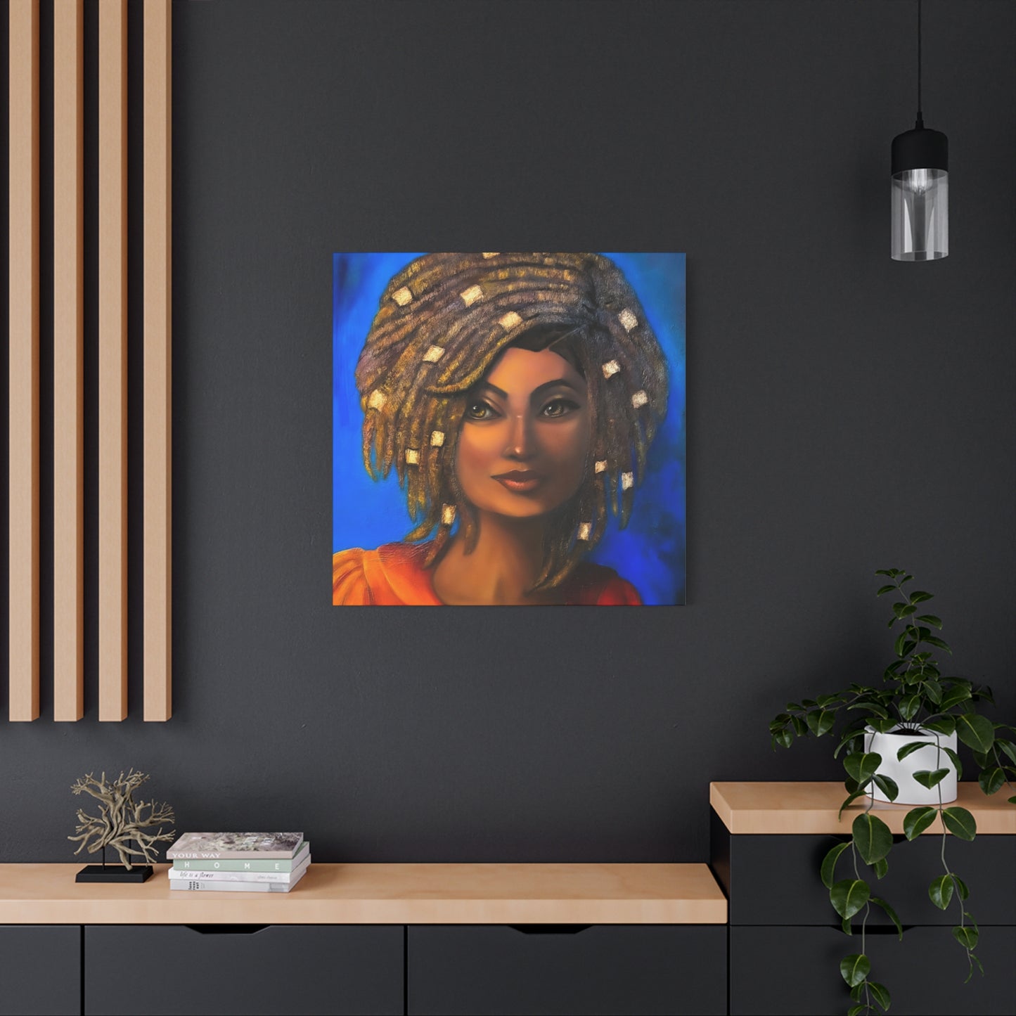 African Woman Portrait Canvas - Vibrant Blue Matte Stretched Wall Art