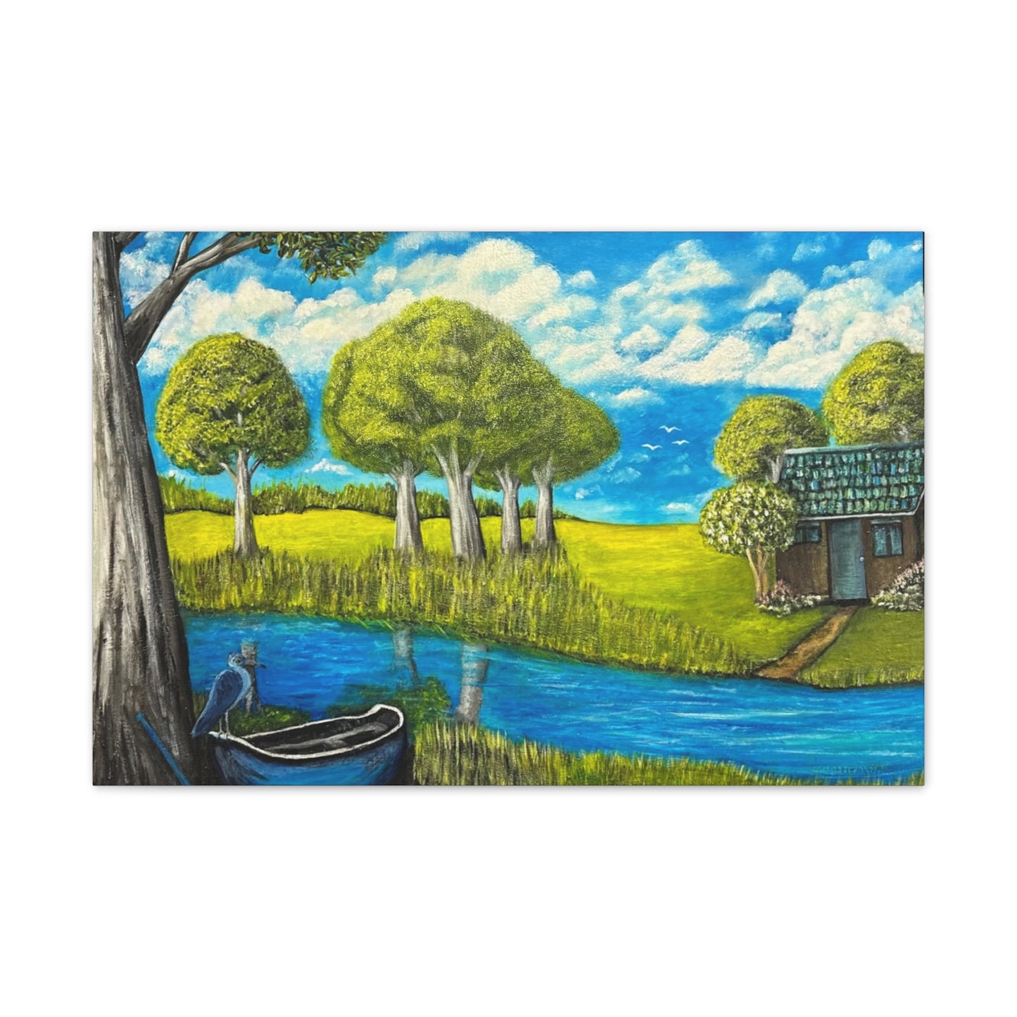 Cottage by the River – Tranquil Lakeside Landscape Print