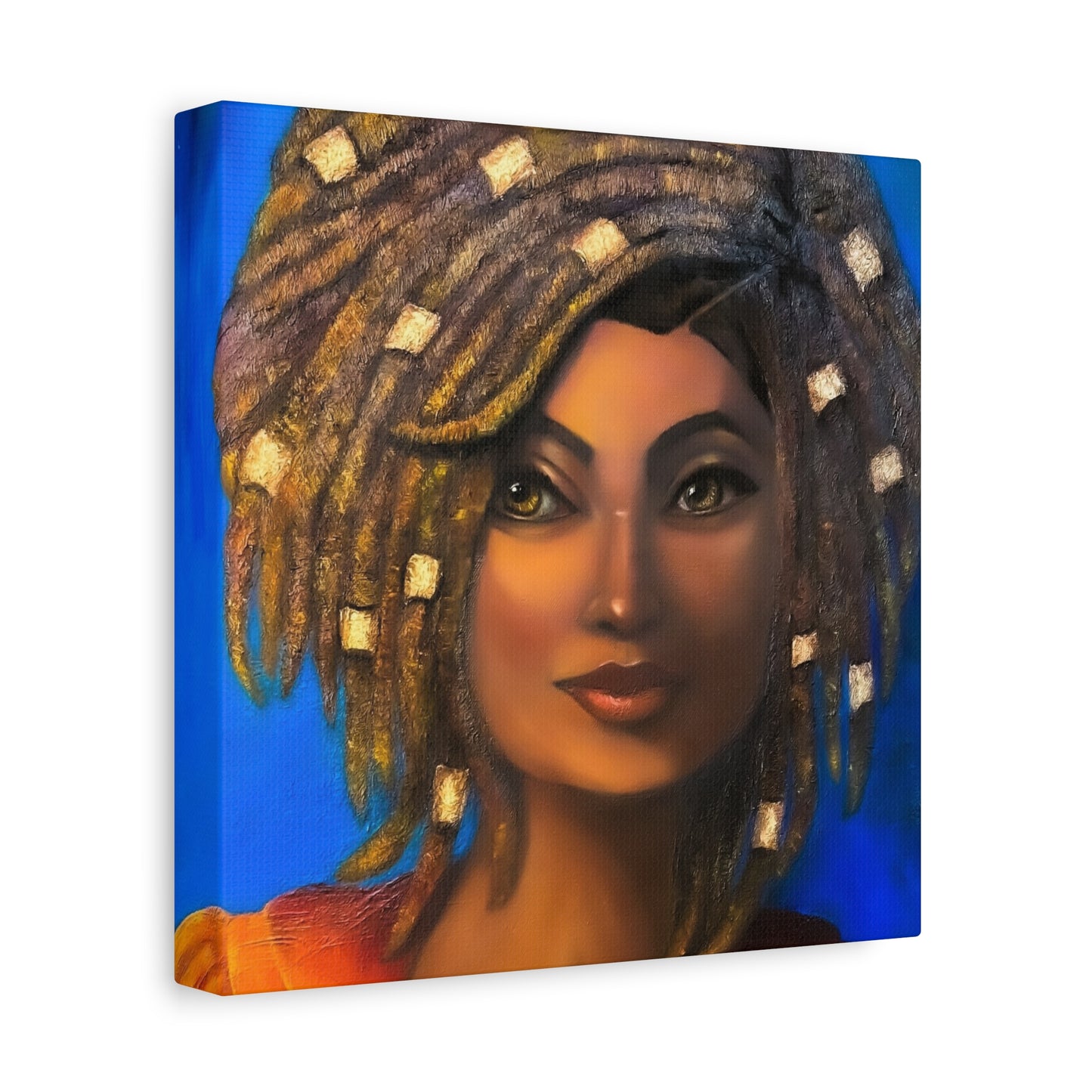 African Woman Portrait Canvas - Vibrant Blue Matte Stretched Wall Art