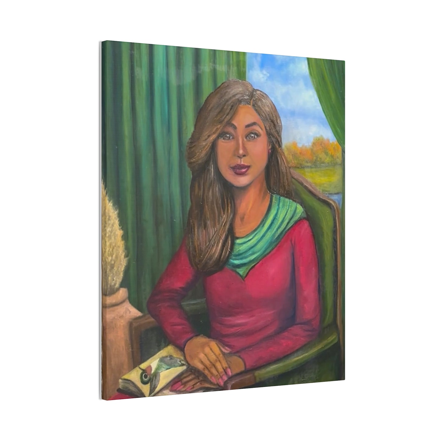 Portrait Canvas Print — Woman Reading in Cozy Green Interior