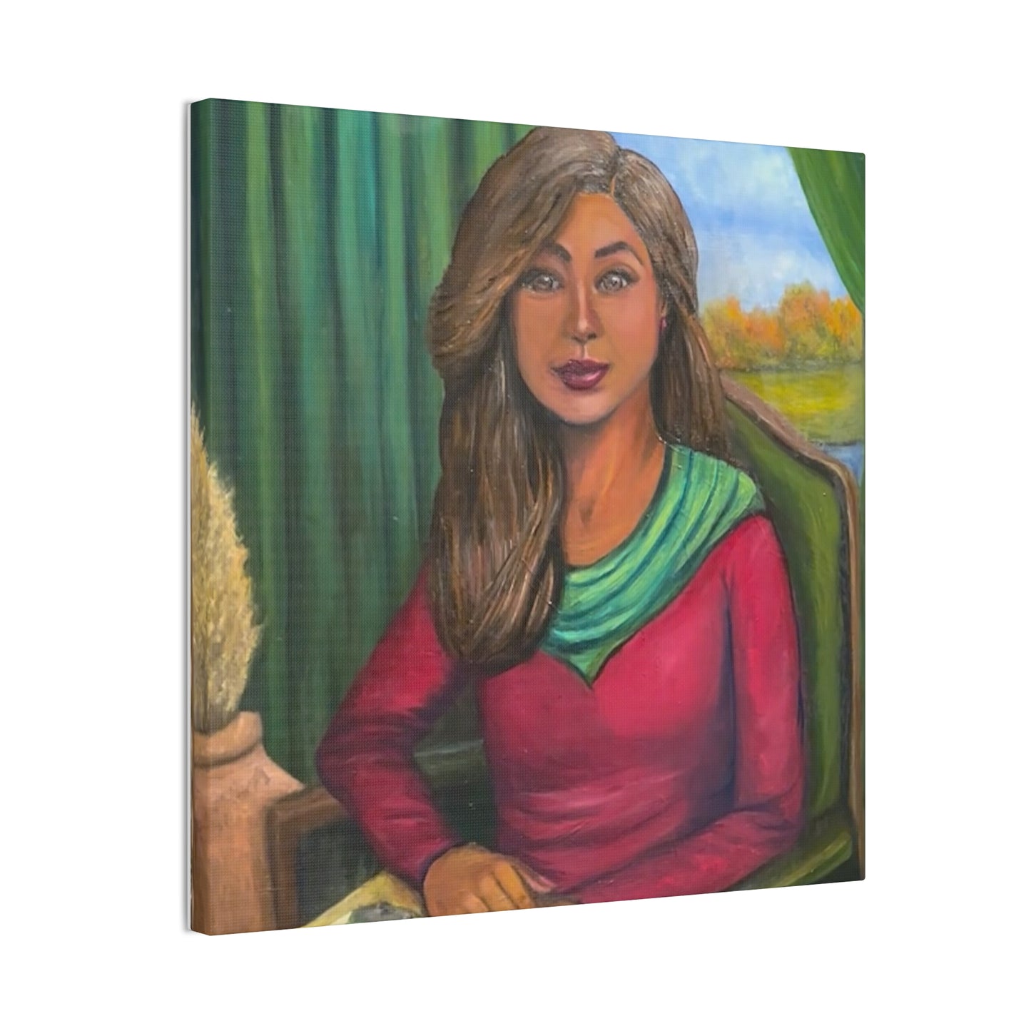Portrait Canvas Print — Woman Reading in Cozy Green Interior