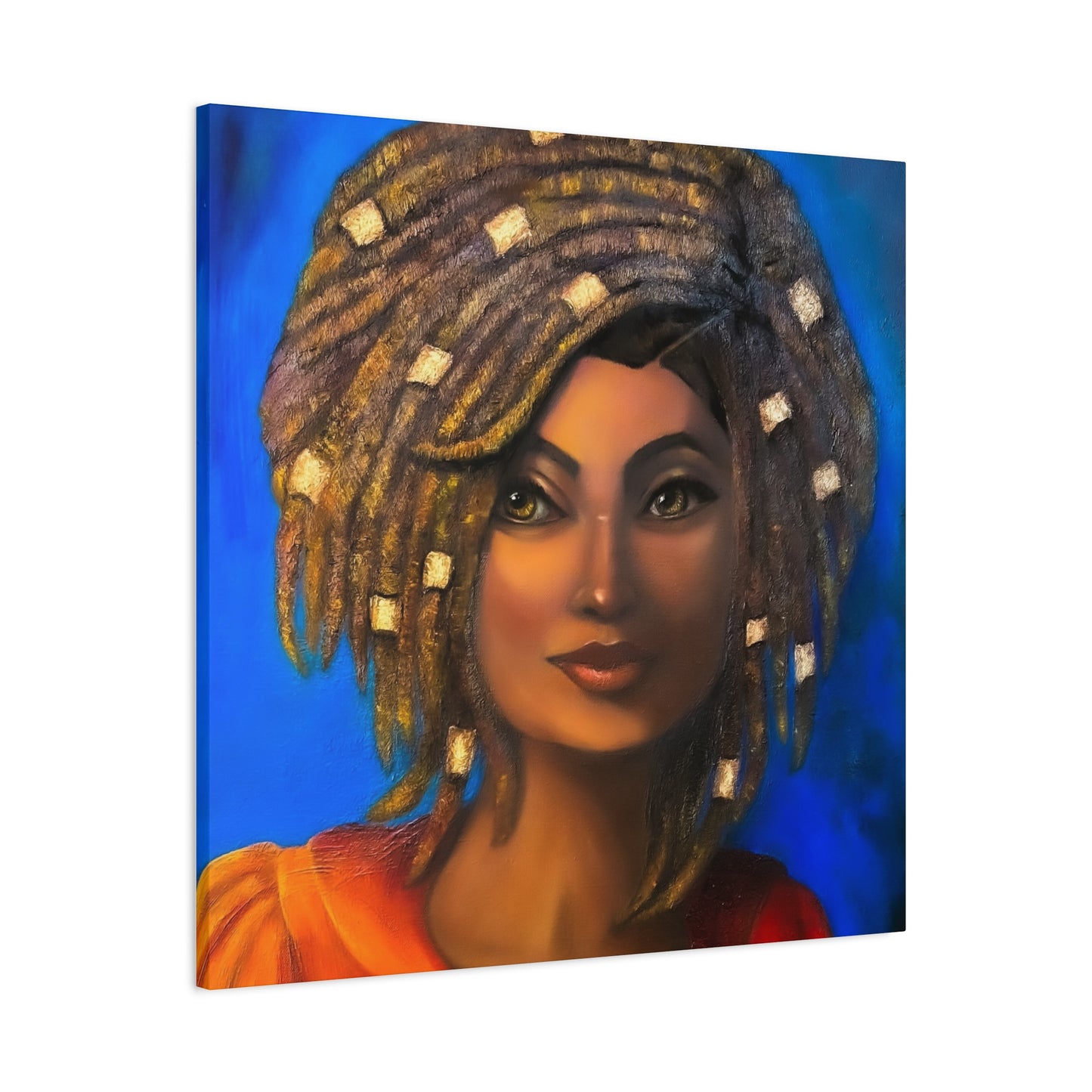 African Woman Portrait Canvas - Vibrant Blue Matte Stretched Wall Art