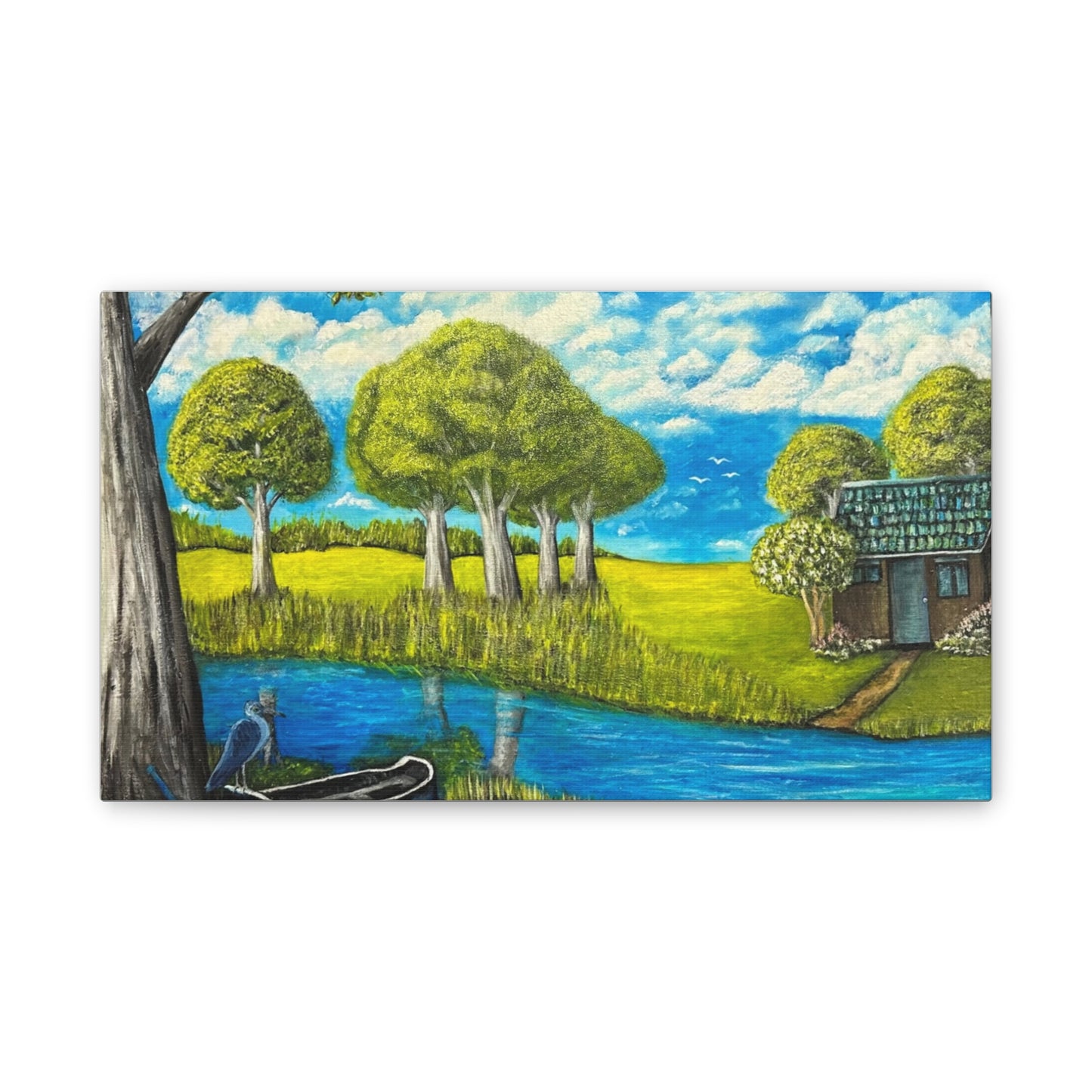 Cottage by the River – Tranquil Lakeside Landscape Print