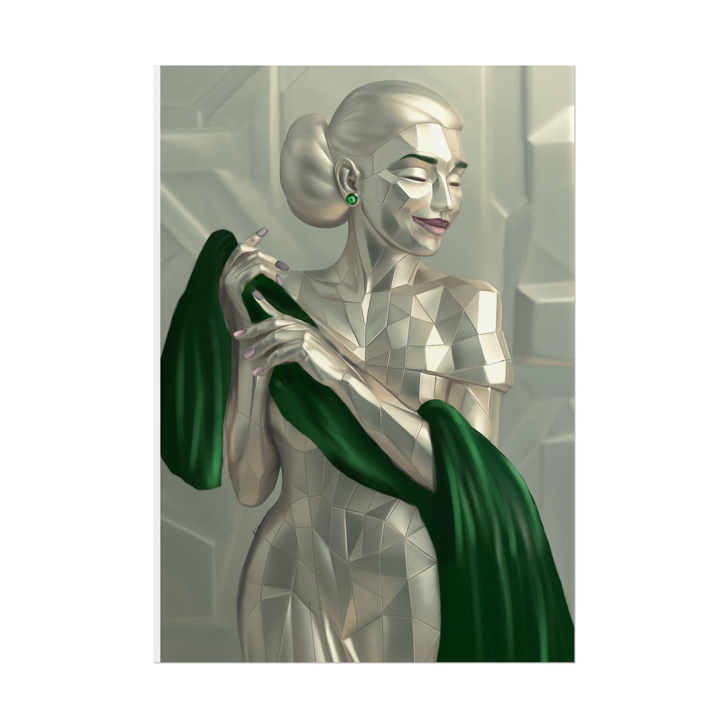Art Deco Metallic Woman Rolled Poster — Elegant Geometric Portrait with Green Scarf
