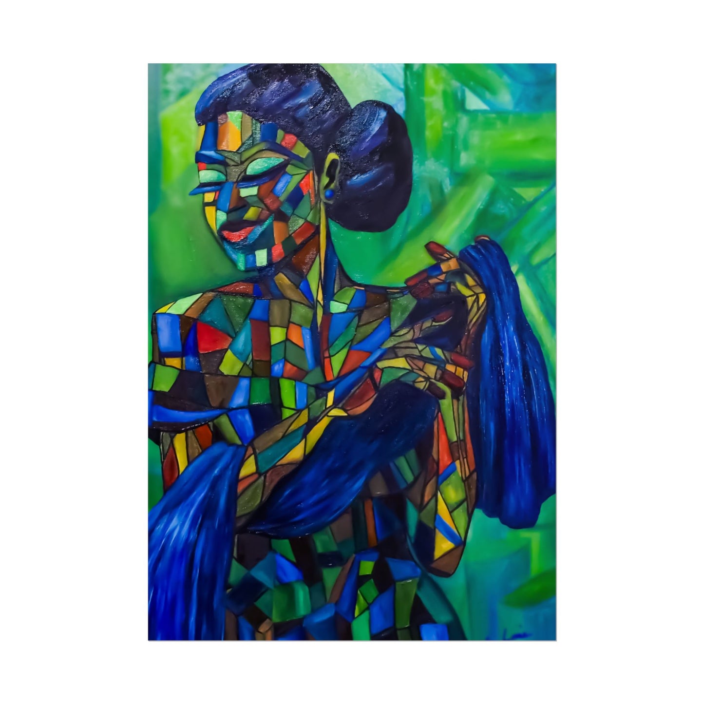 Rolled Poster — Colorful Mosaic Woman Art Print (Blue Hair, Vibrant Abstract)