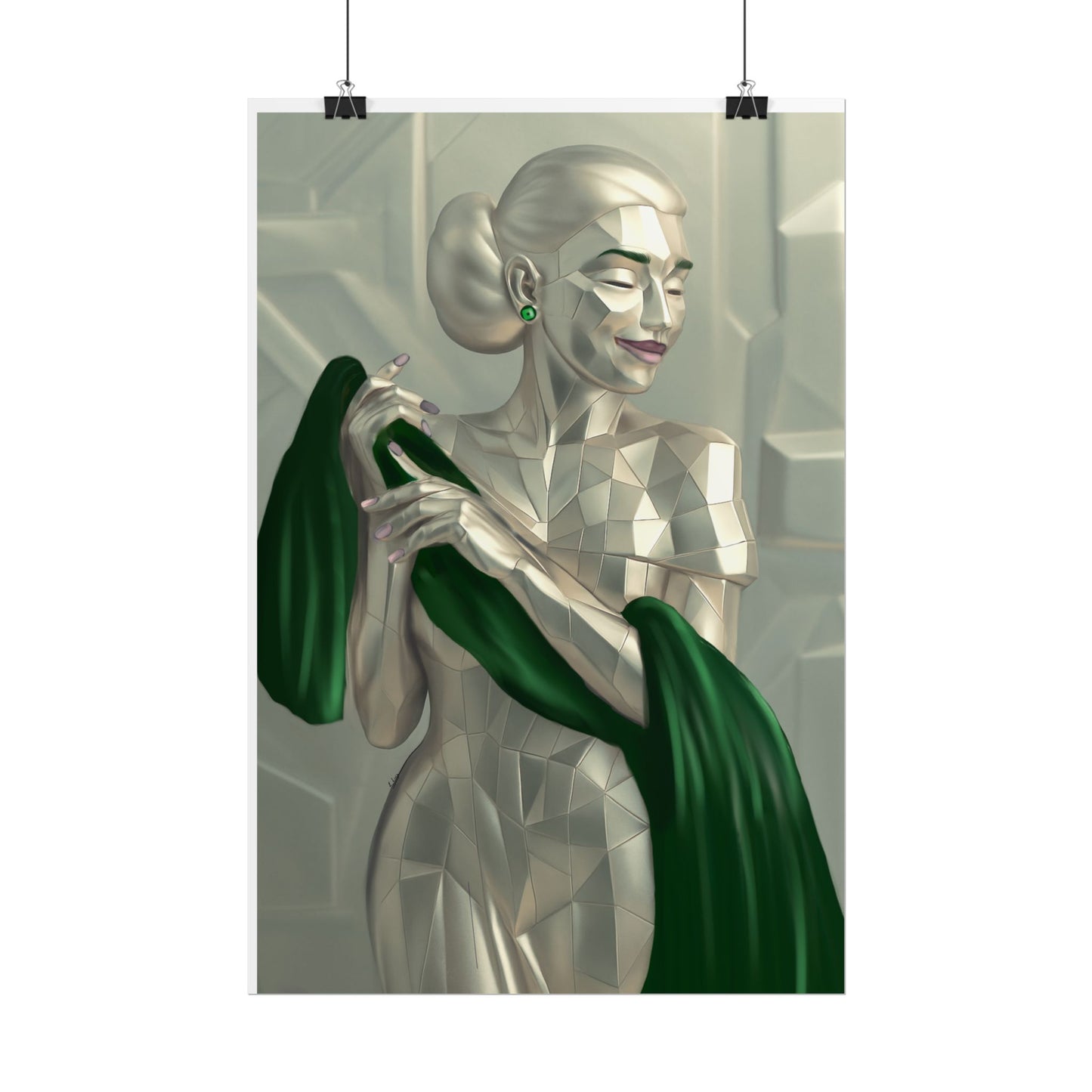 Art Deco Metallic Woman Rolled Poster — Elegant Geometric Portrait with Green Scarf