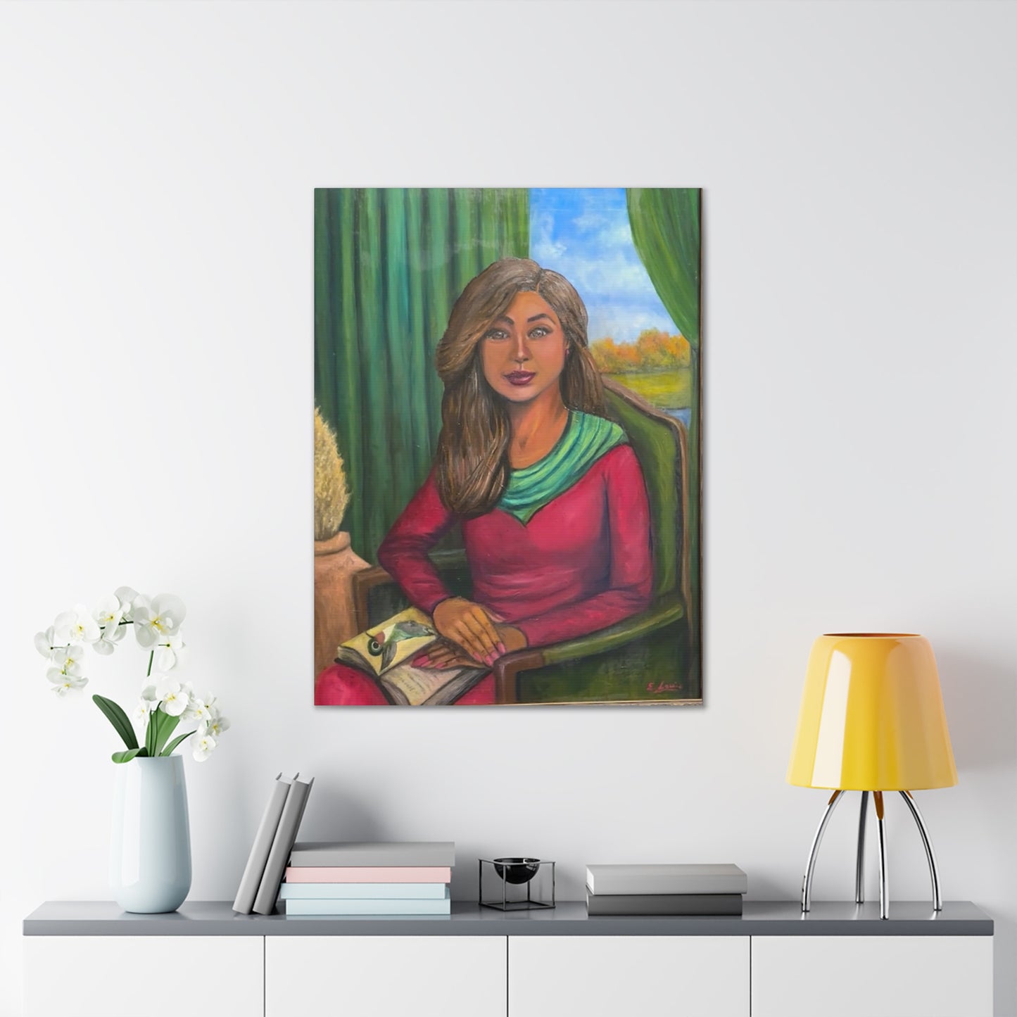 Portrait Canvas Print — Woman Reading in Cozy Green Interior