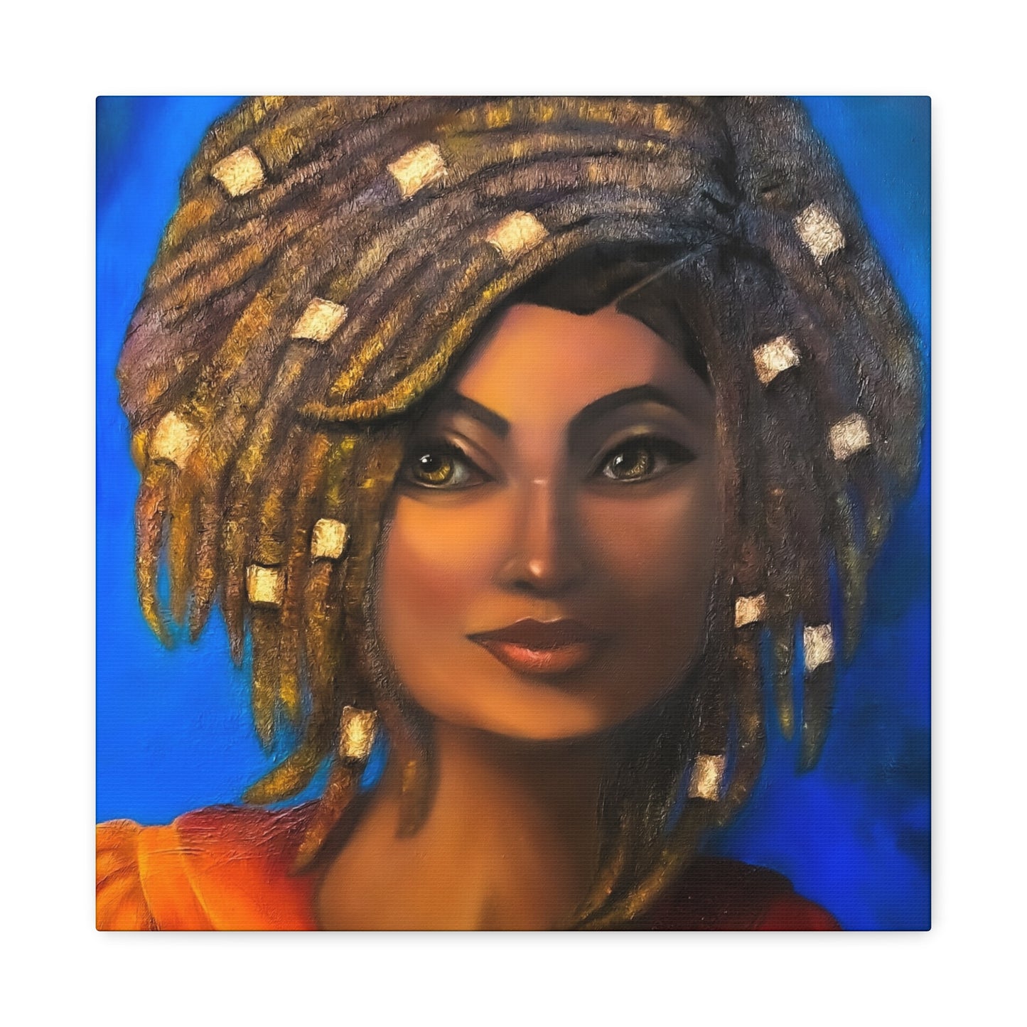 African Woman Portrait Canvas - Vibrant Blue Matte Stretched Wall Art