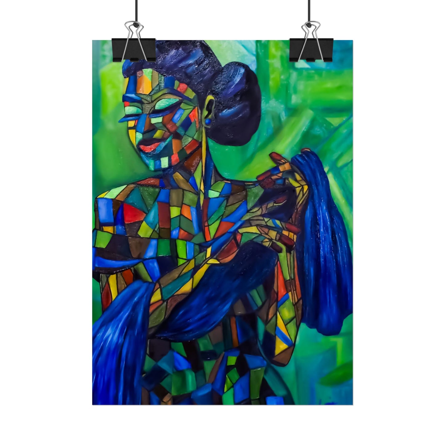 Rolled Poster — Colorful Mosaic Woman Art Print (Blue Hair, Vibrant Abstract)