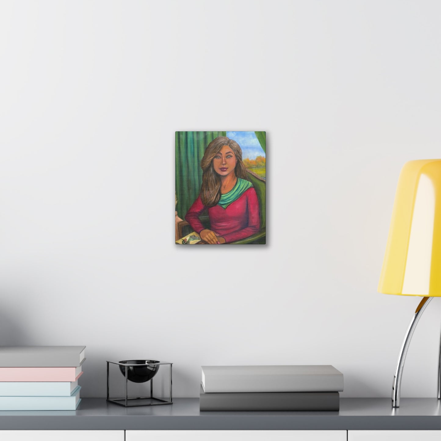 Portrait Canvas Print — Woman Reading in Cozy Green Interior