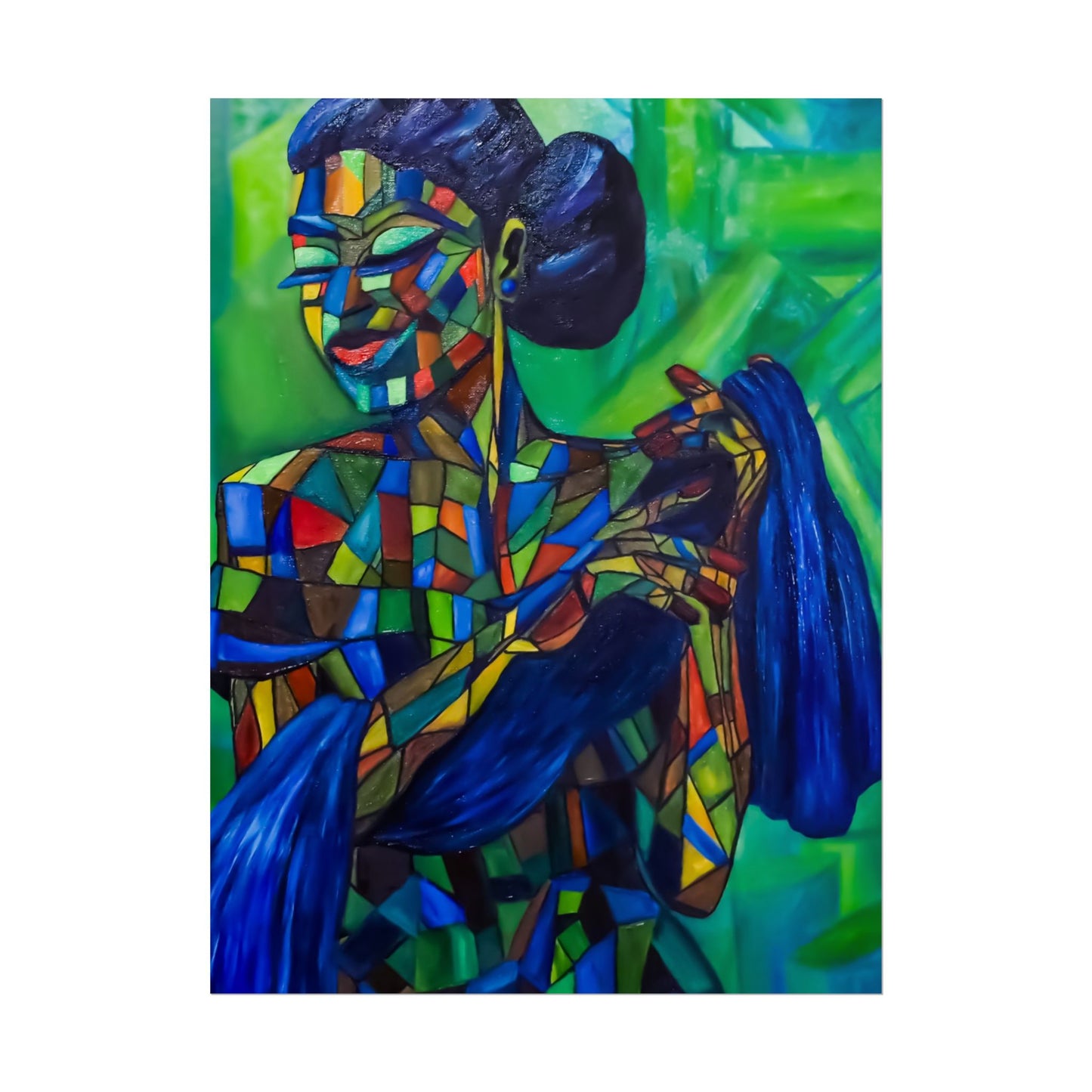 Rolled Poster — Colorful Mosaic Woman Art Print (Blue Hair, Vibrant Abstract)