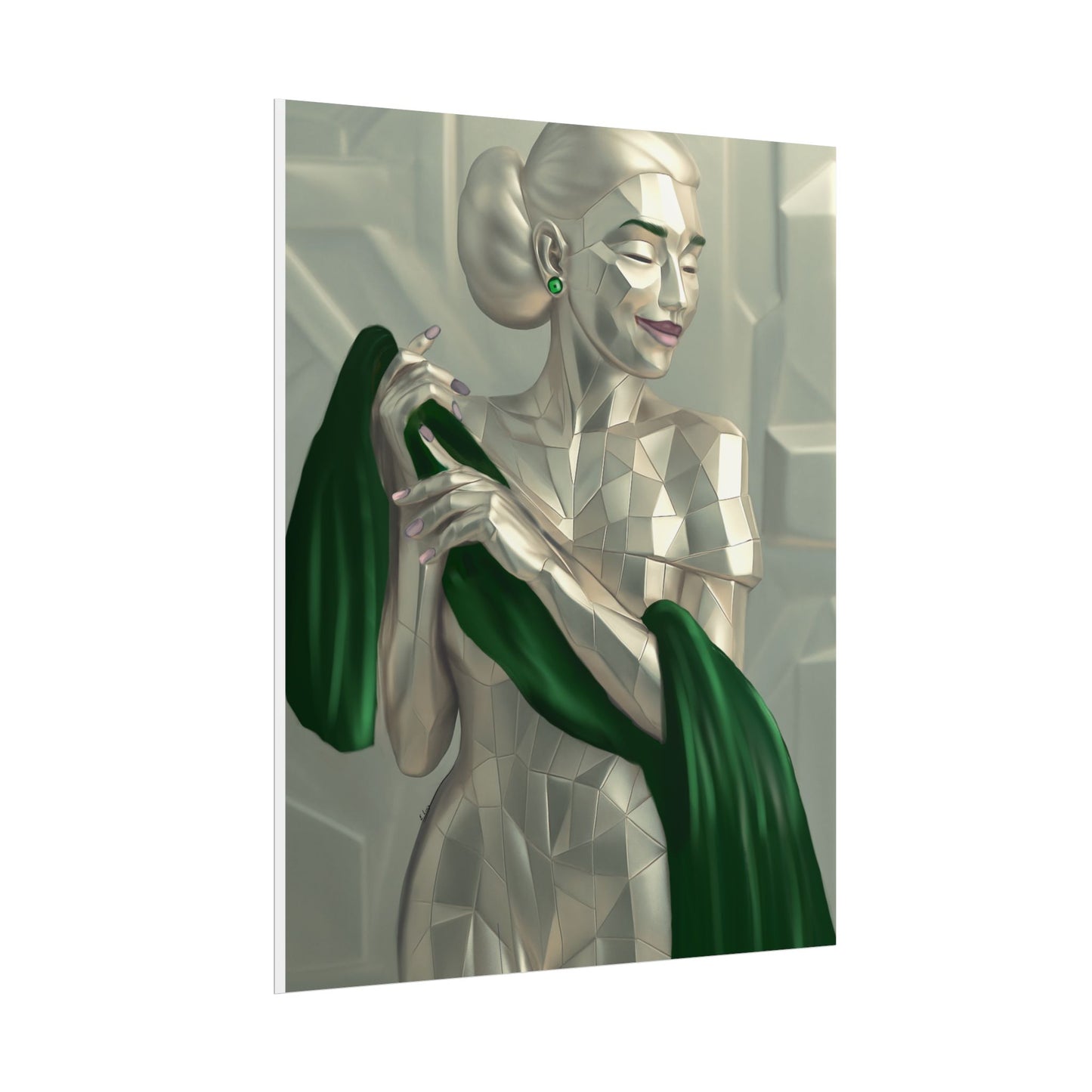 Art Deco Metallic Woman Rolled Poster — Elegant Geometric Portrait with Green Scarf